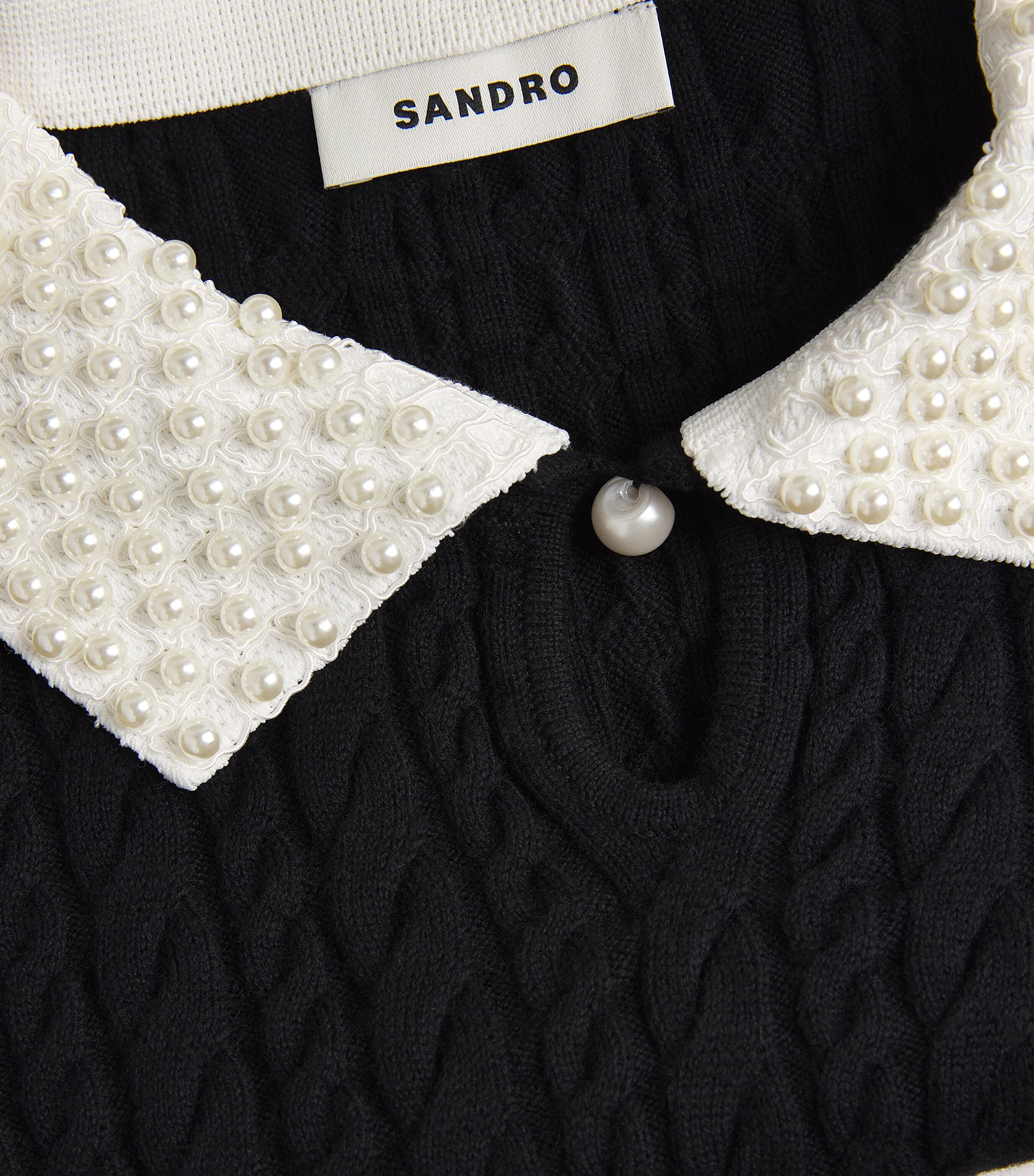 Cotton-Wool-Blend Cable-Knit Pearl-Collar Sweater BLACK Image 5