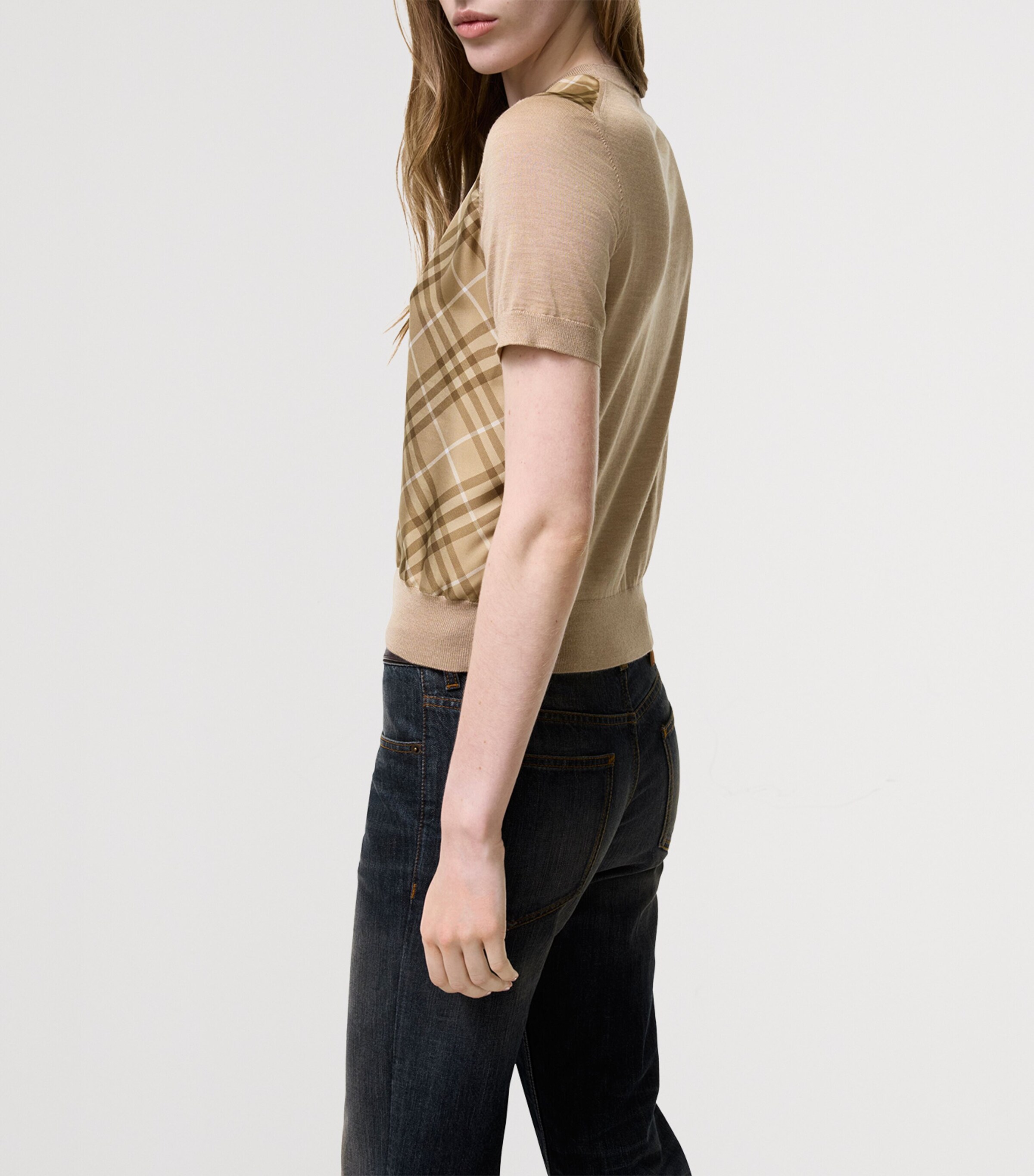 Burberry Womens Wool-Silk Check Panel T-Shirt Camel Image 3