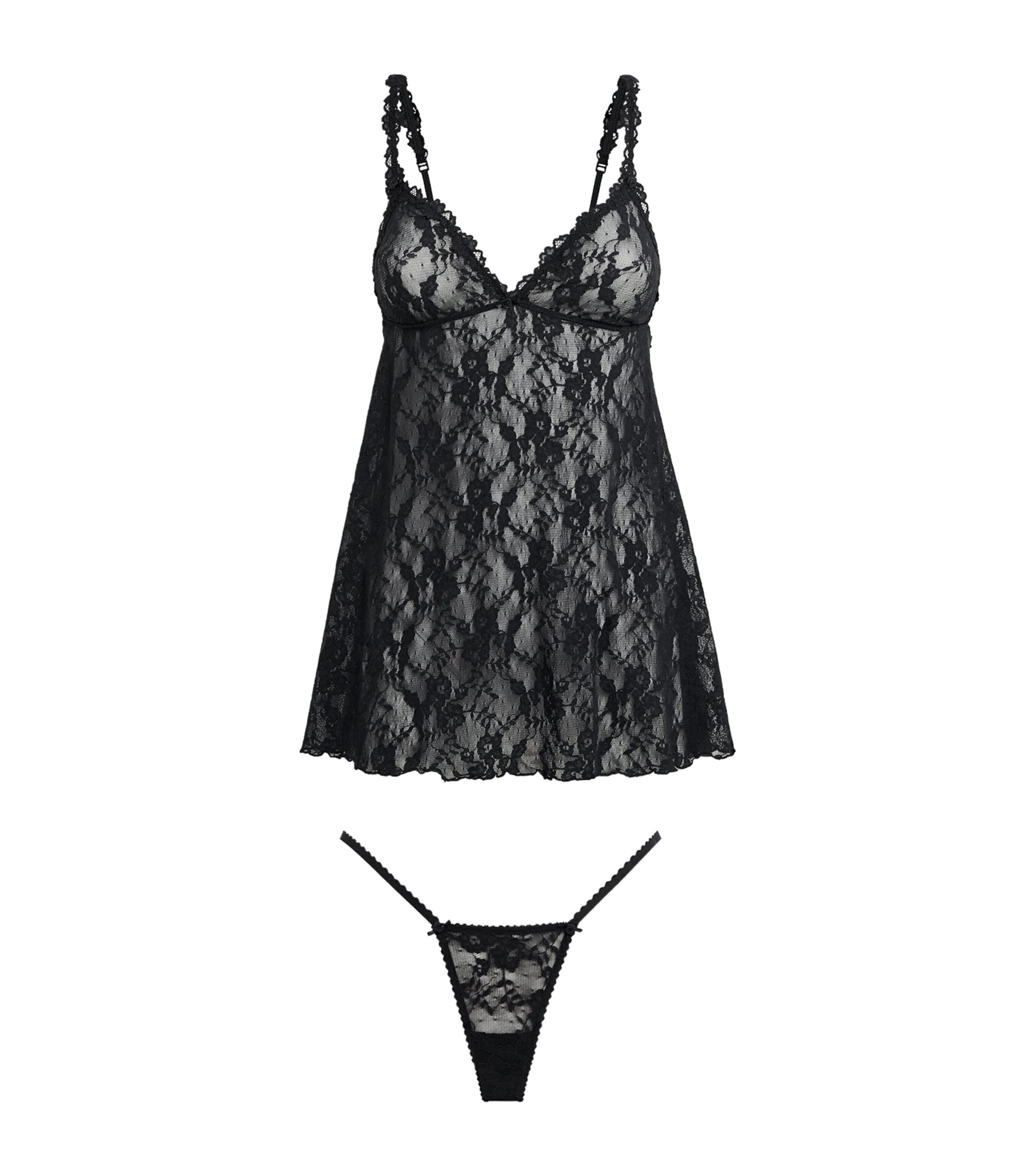 Skims Stretch Lace Babydoll And Thong Set In Black