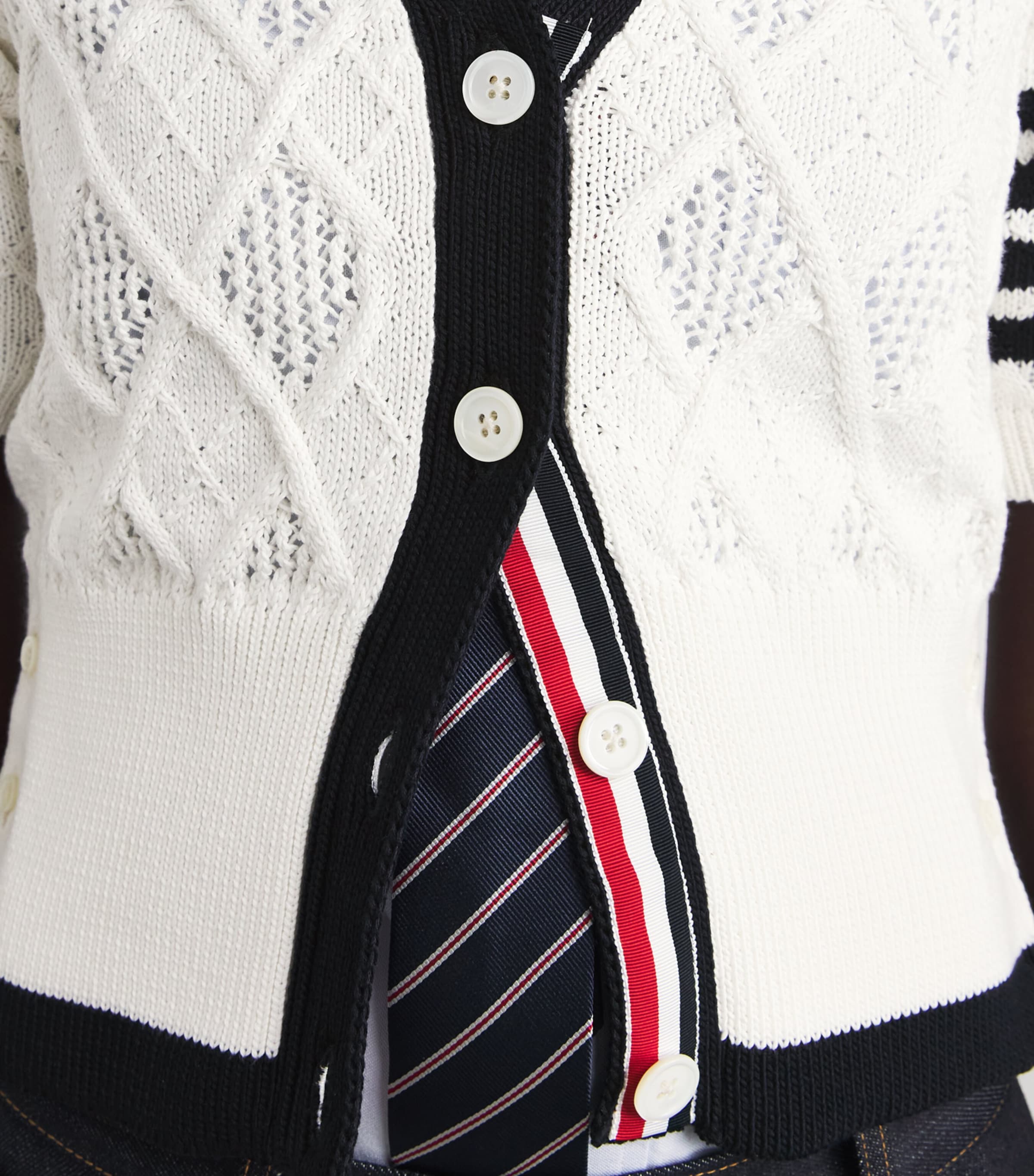 Thom Browne Womens Argyle Pointelle Knit Cardigan White Image 3