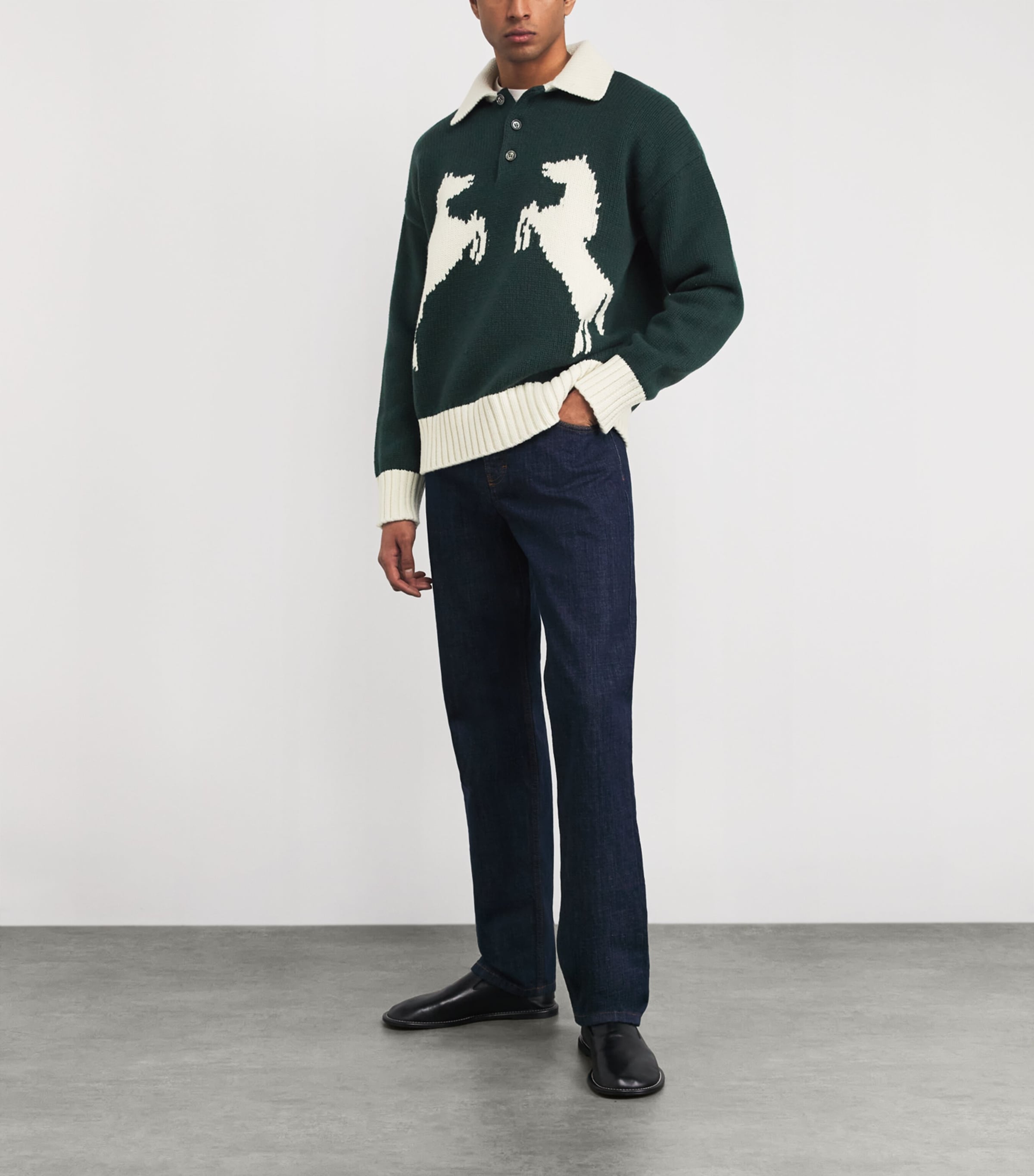Wool-Blend Intarsia Polo Sweater A014 EVERGREEN Image 2