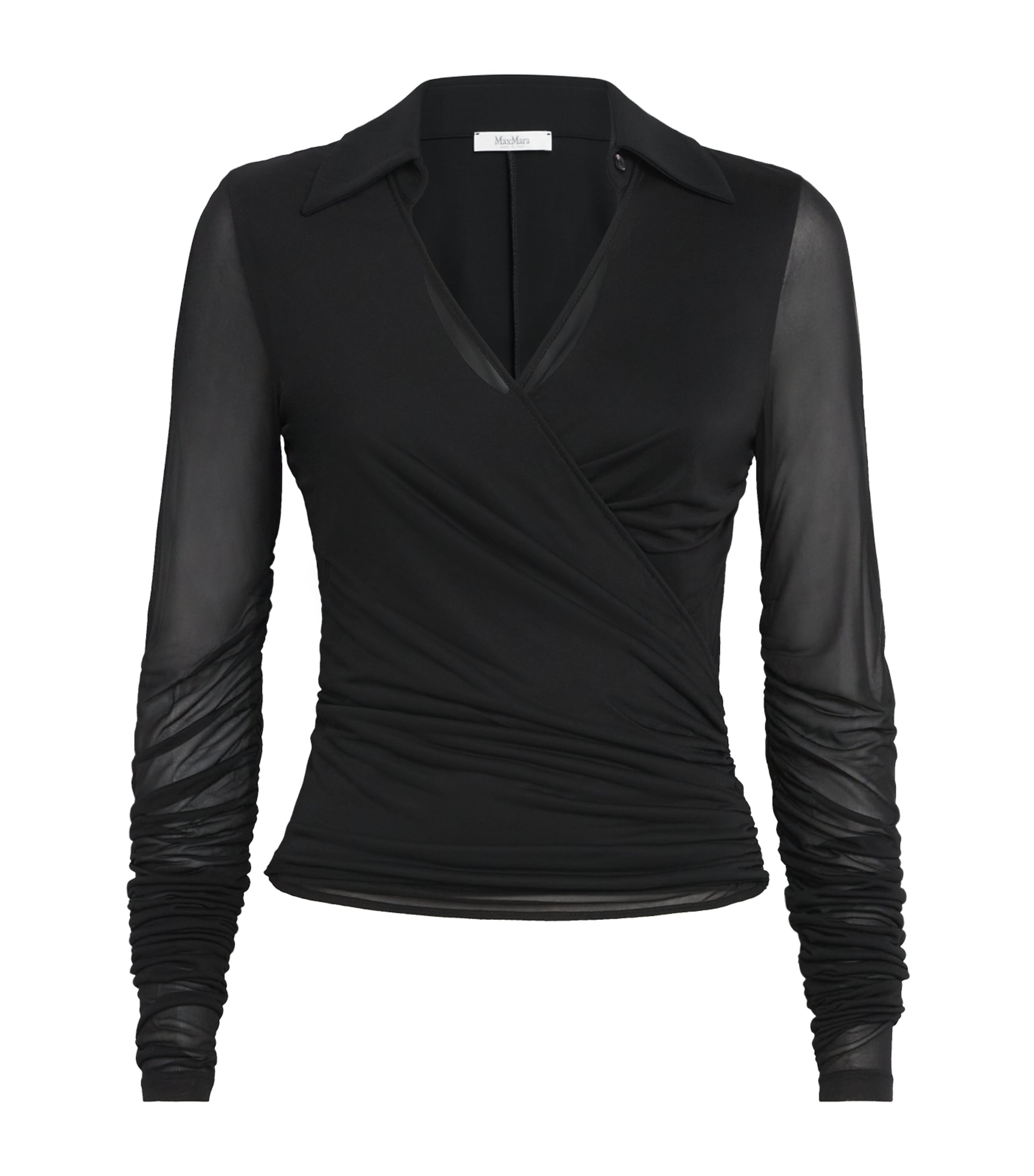 Max Mara Tulle-sleeve Draped Blouse In Black