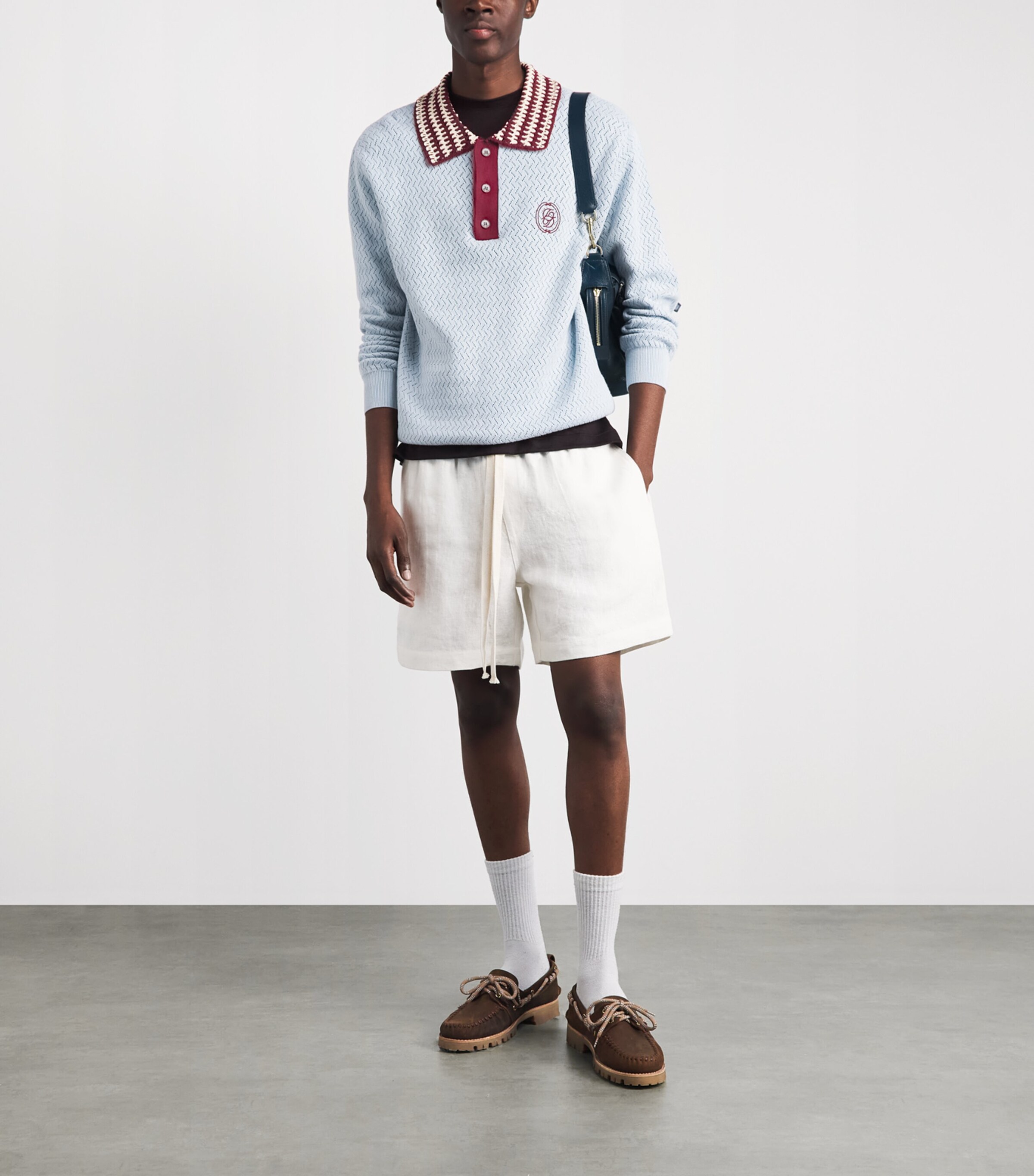 Drôle de Monsieur Mens Openwork-Knit Polo Shirt Light Blue Image 2