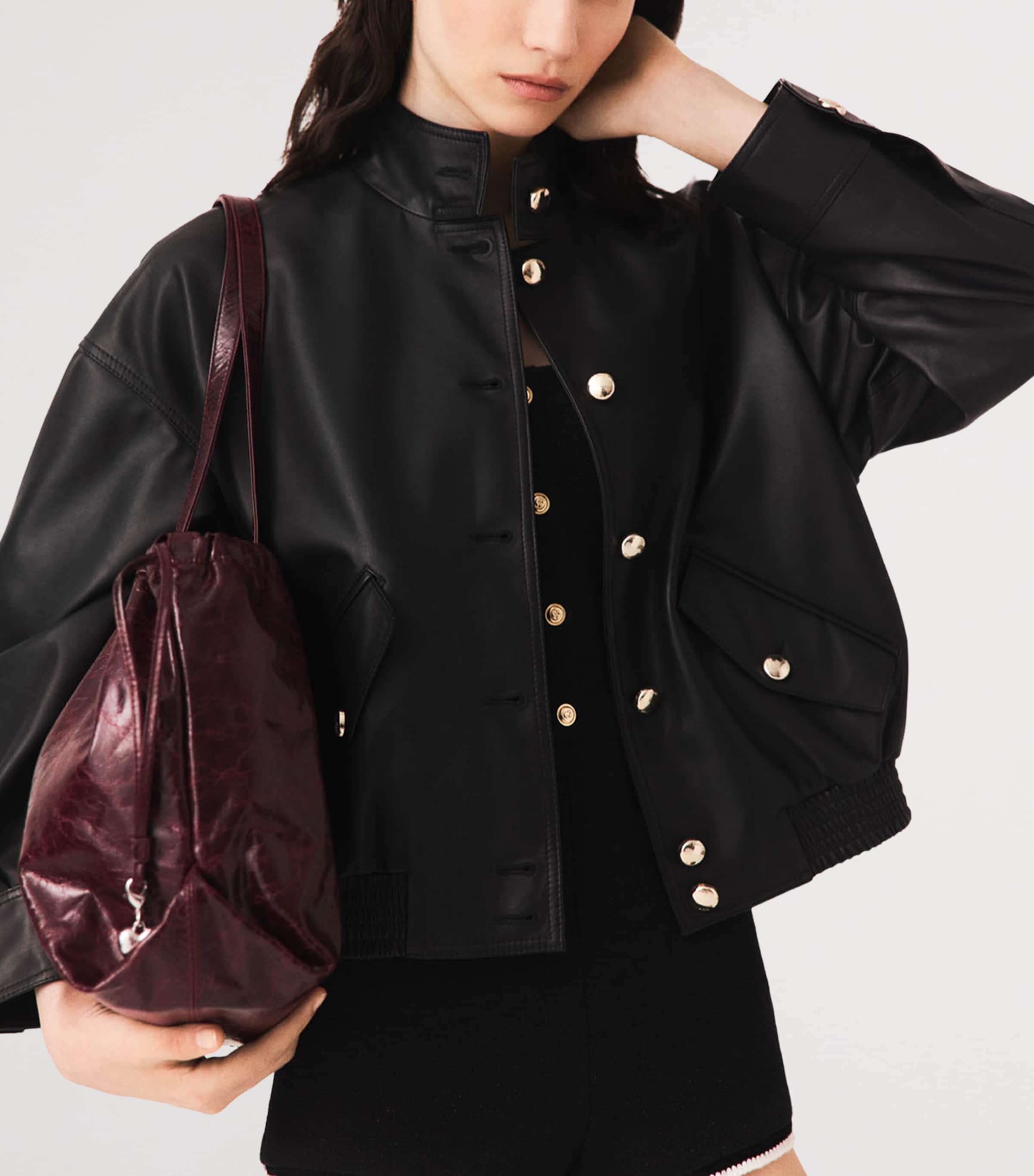 Maje Womens Leather Funnel-Neck Jacket Black Image 5