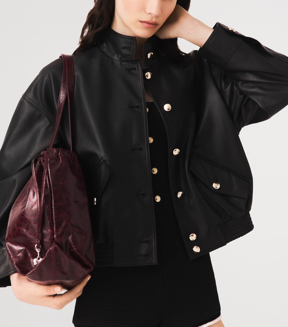 Maje Womens Leather Funnel-Neck Jacket Black Image 5