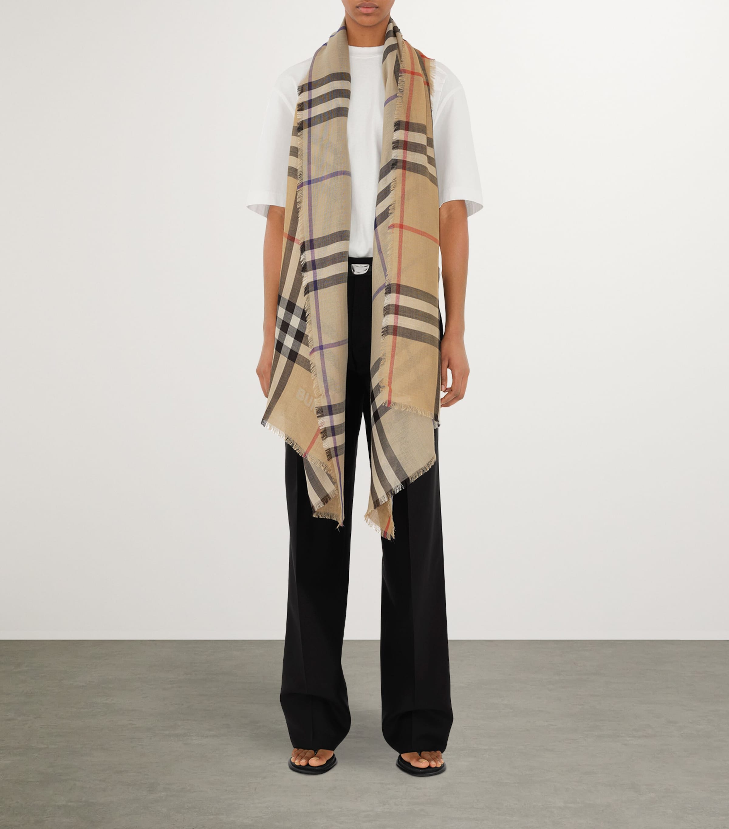 Wool-Silk Reversible Check Scarf SAND/LICHEN Image 3