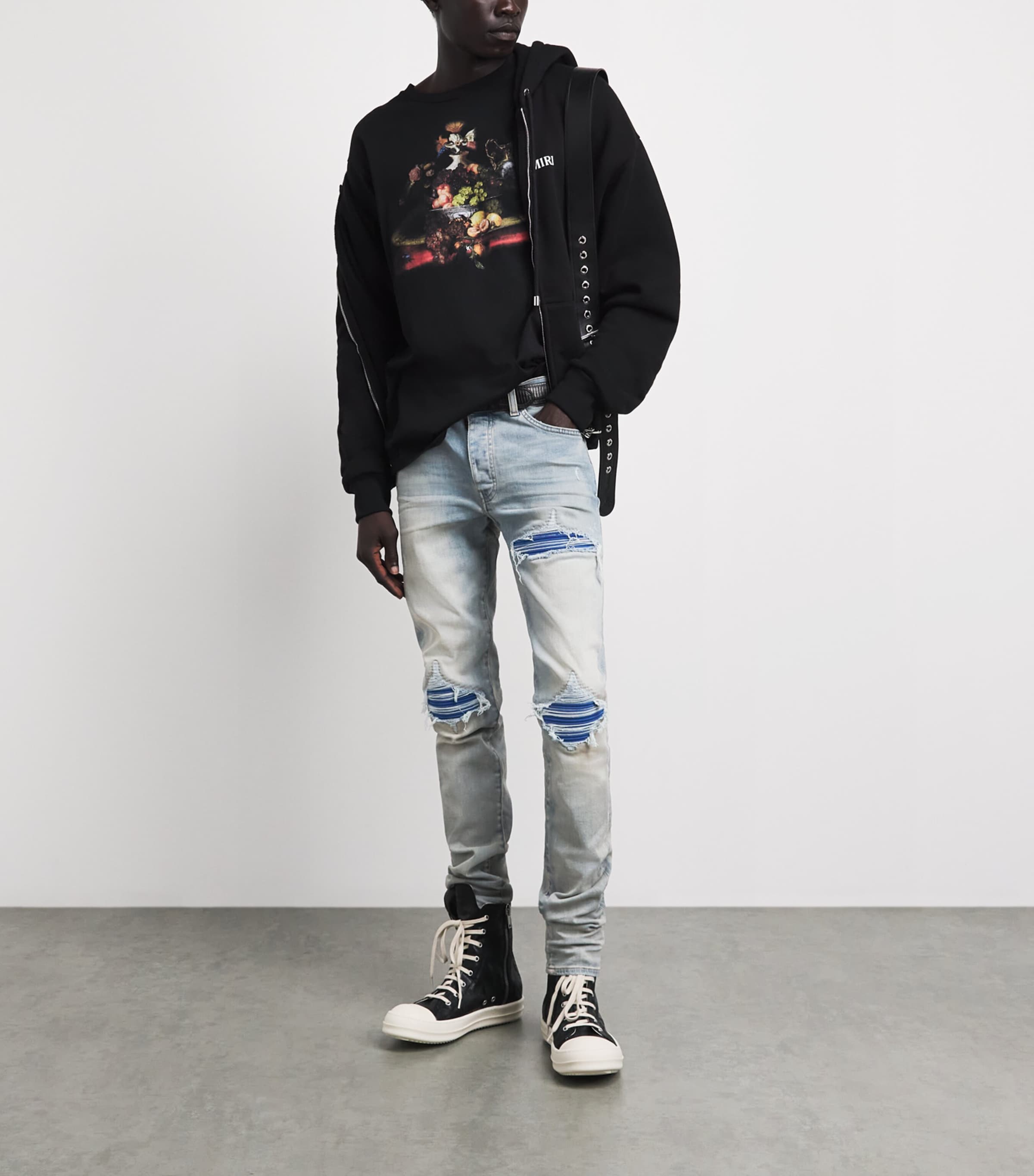 AMIRI Mens Ripped MX1 Ultrasuede Skinny Jeans Antique Indigo Image 2