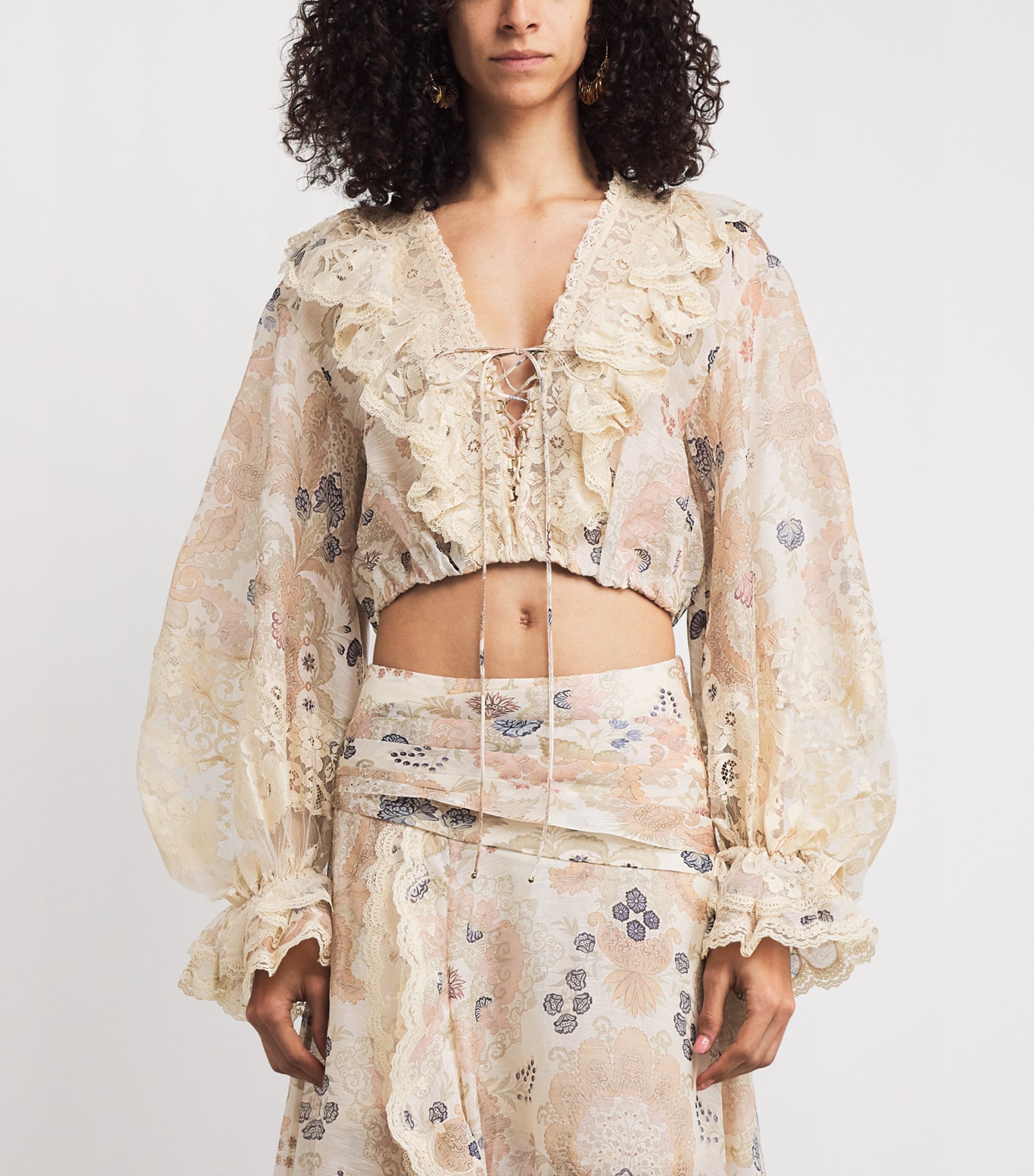 Linen-Silk Rebellion Lace-Up Blouse CRF CREAM FLORAL Image 3