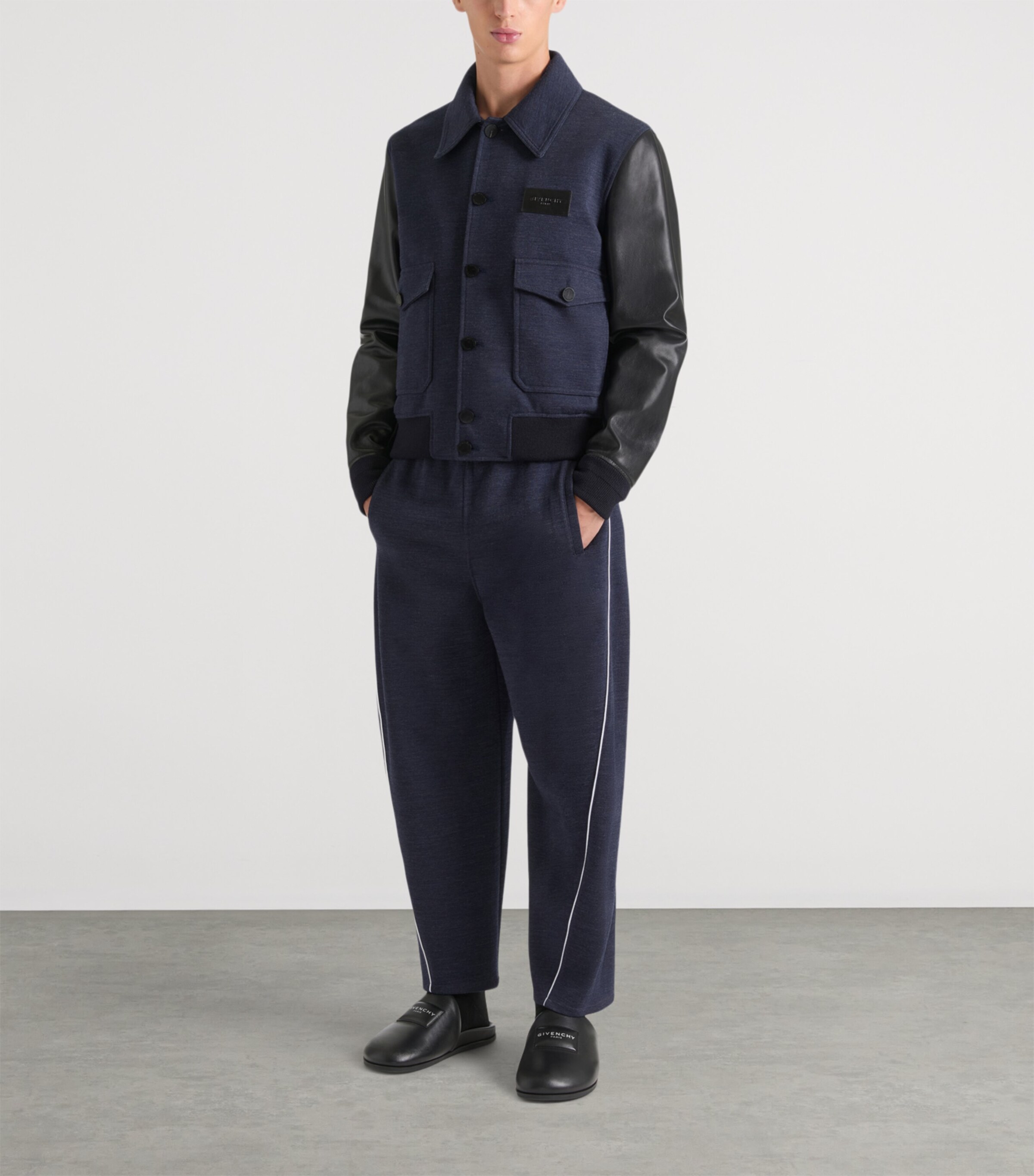 Wool Calfskin-Sleeve Aviator Jacket BLACK Image 2