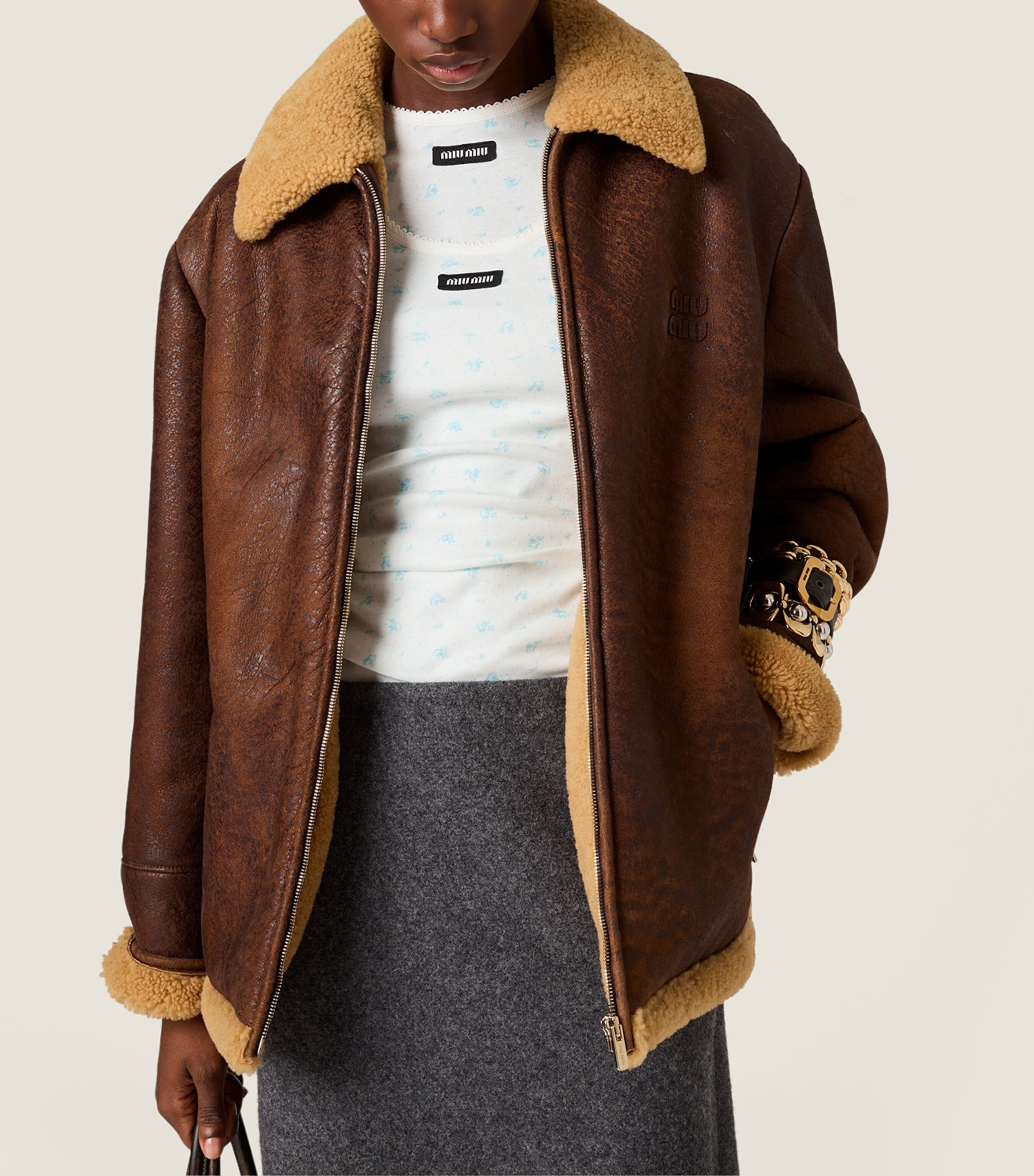 Waxed Leather Shearling-Trim Jacket F0003 Image 5
