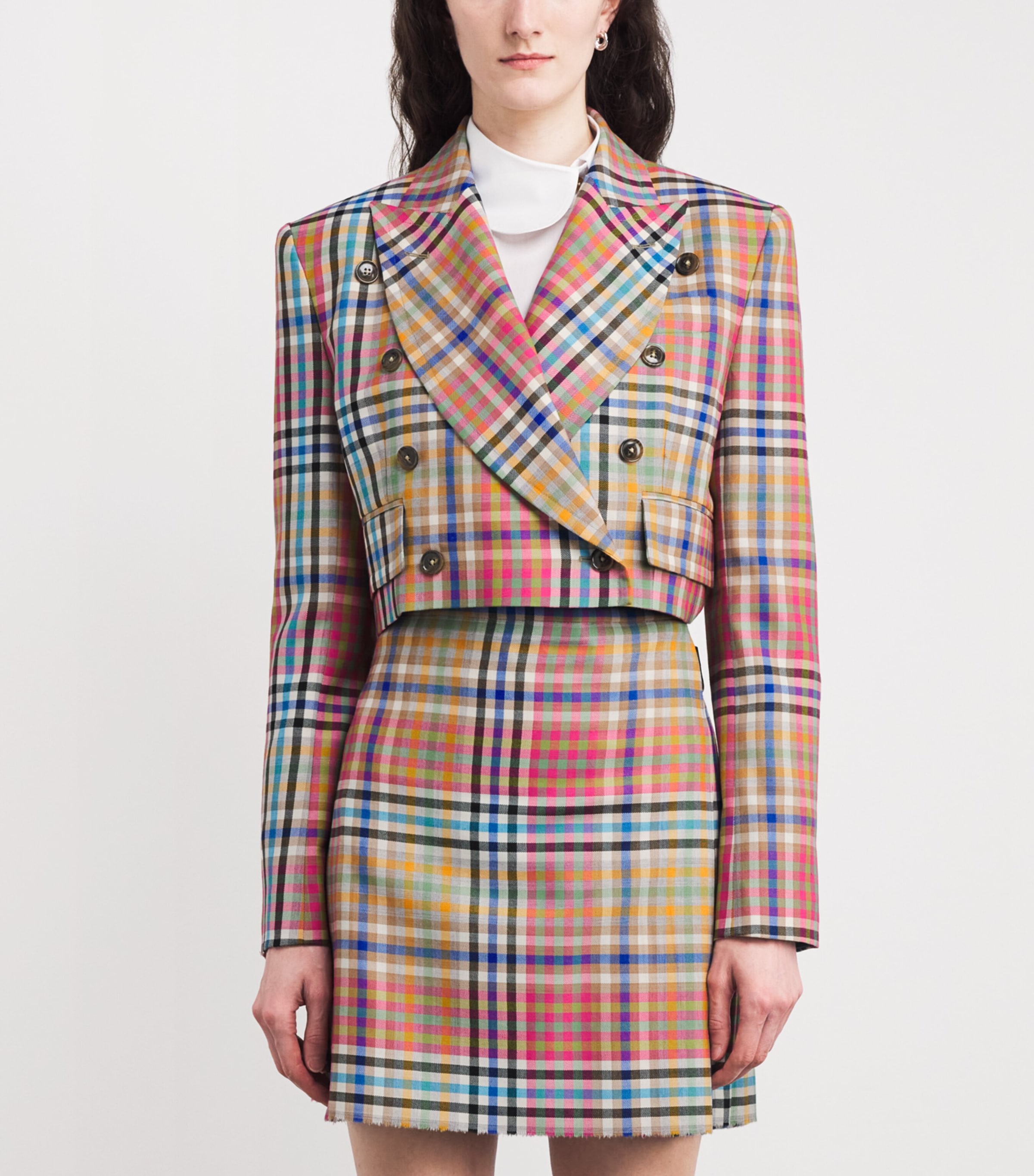 Virgin Wool Check Cropped Blazer MULTI Image 3