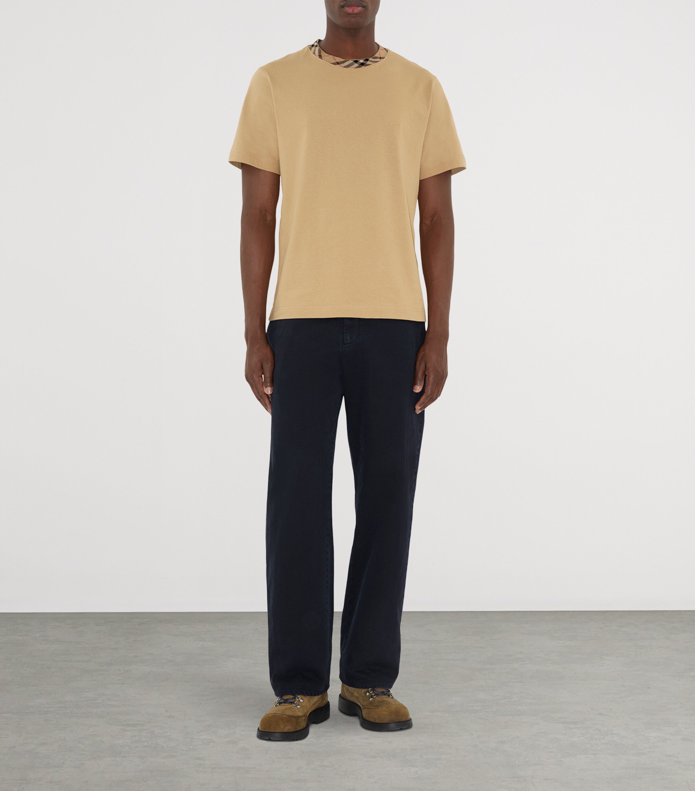 Cotton Check-Neckline T-Shirt FLAX Image 2