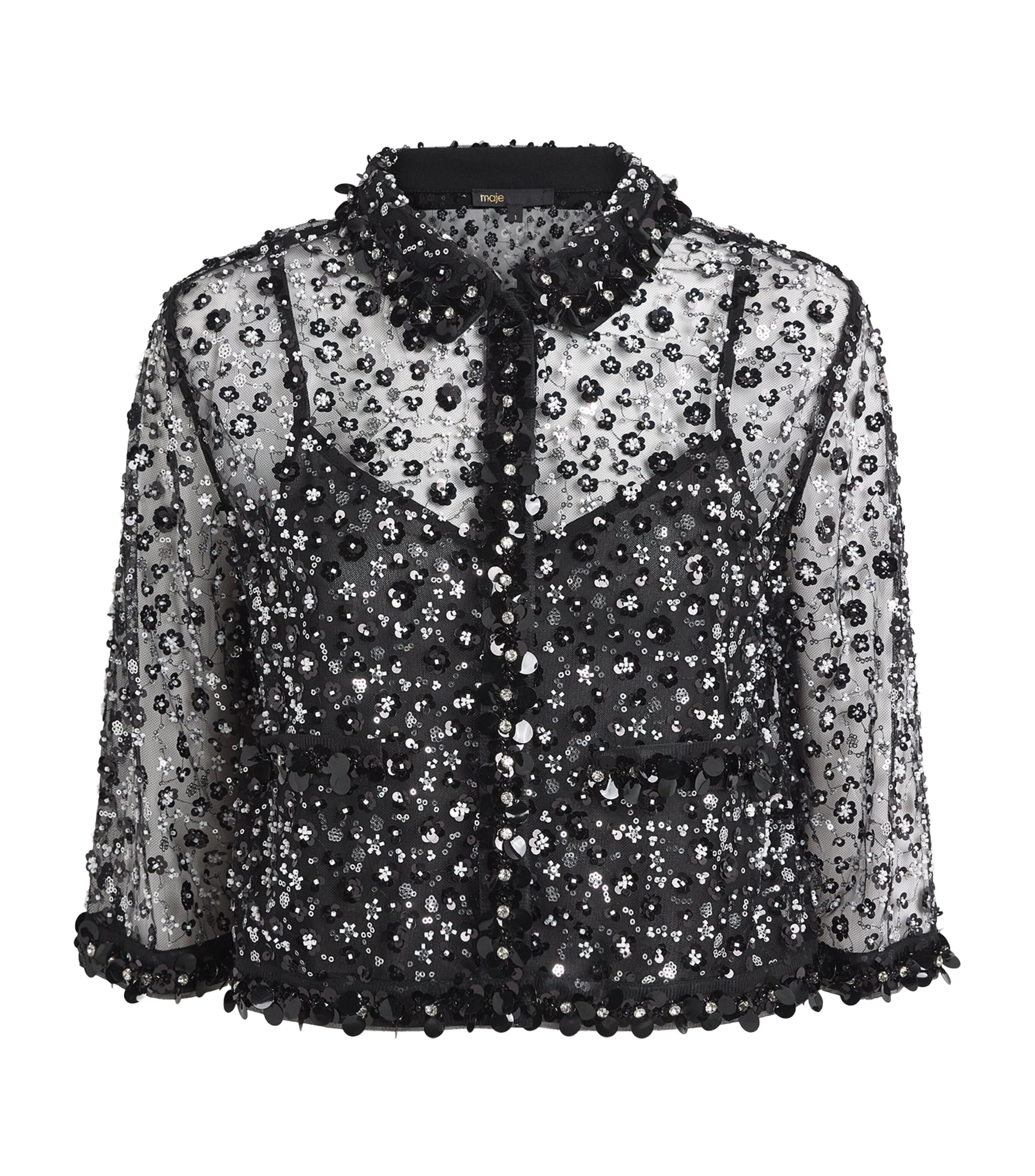 Sheer Rhinestone Polo Top BLACK Image 1