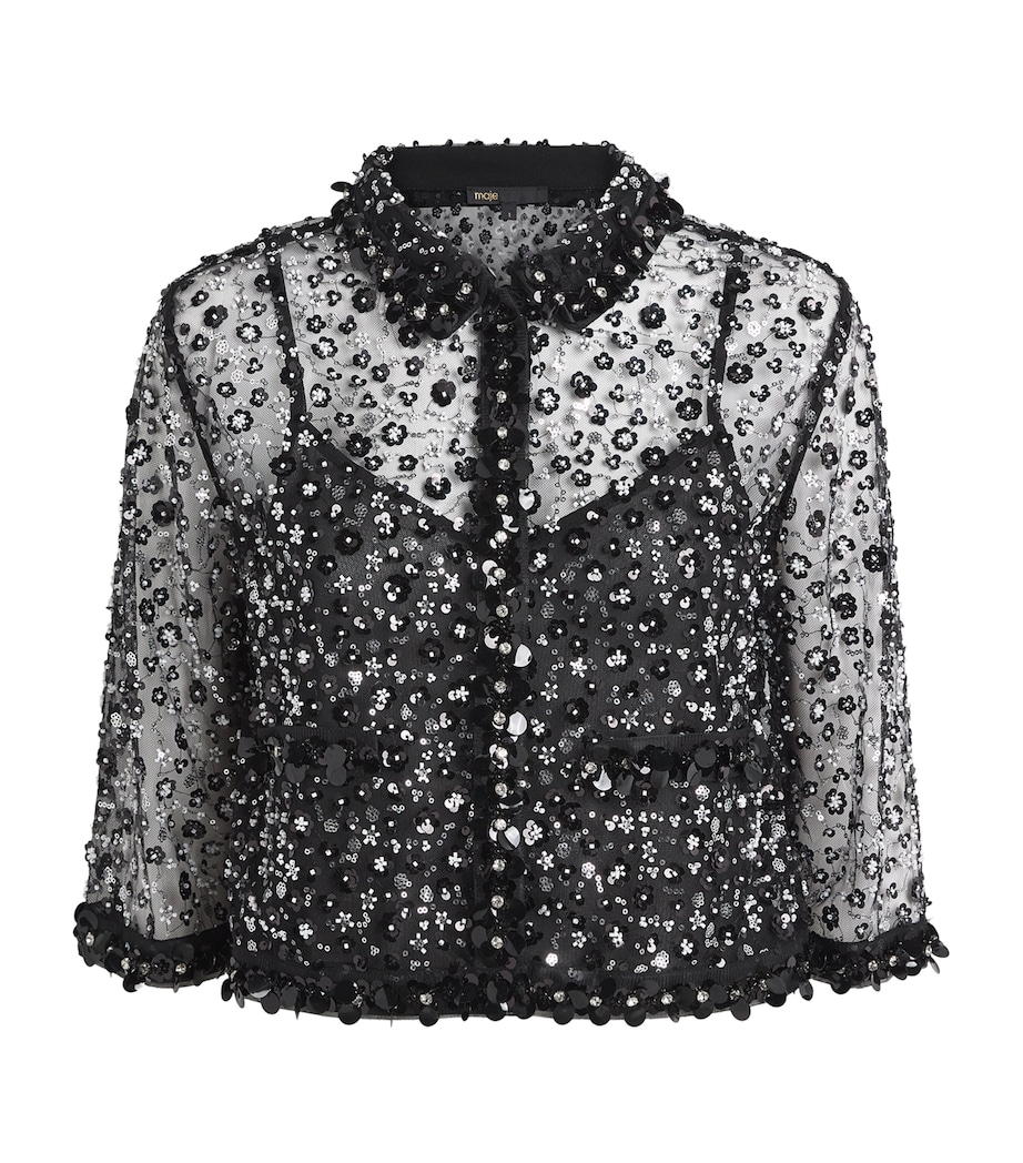 Sheer Rhinestone Polo Top BLACK Image 1