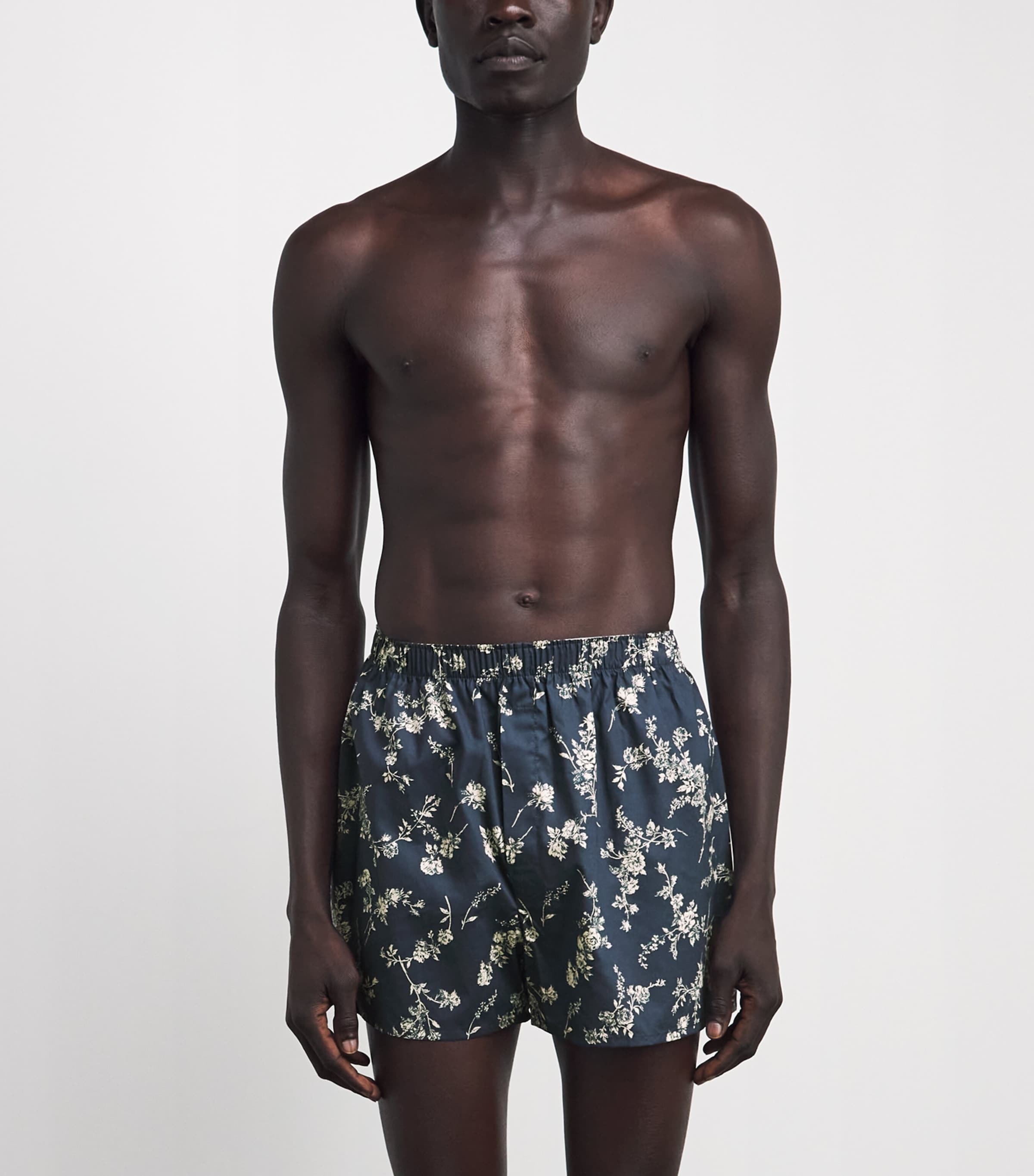 Sunspel Mens Cotton Printed Boxer Shorts Navy Sketch Flo Image 2
