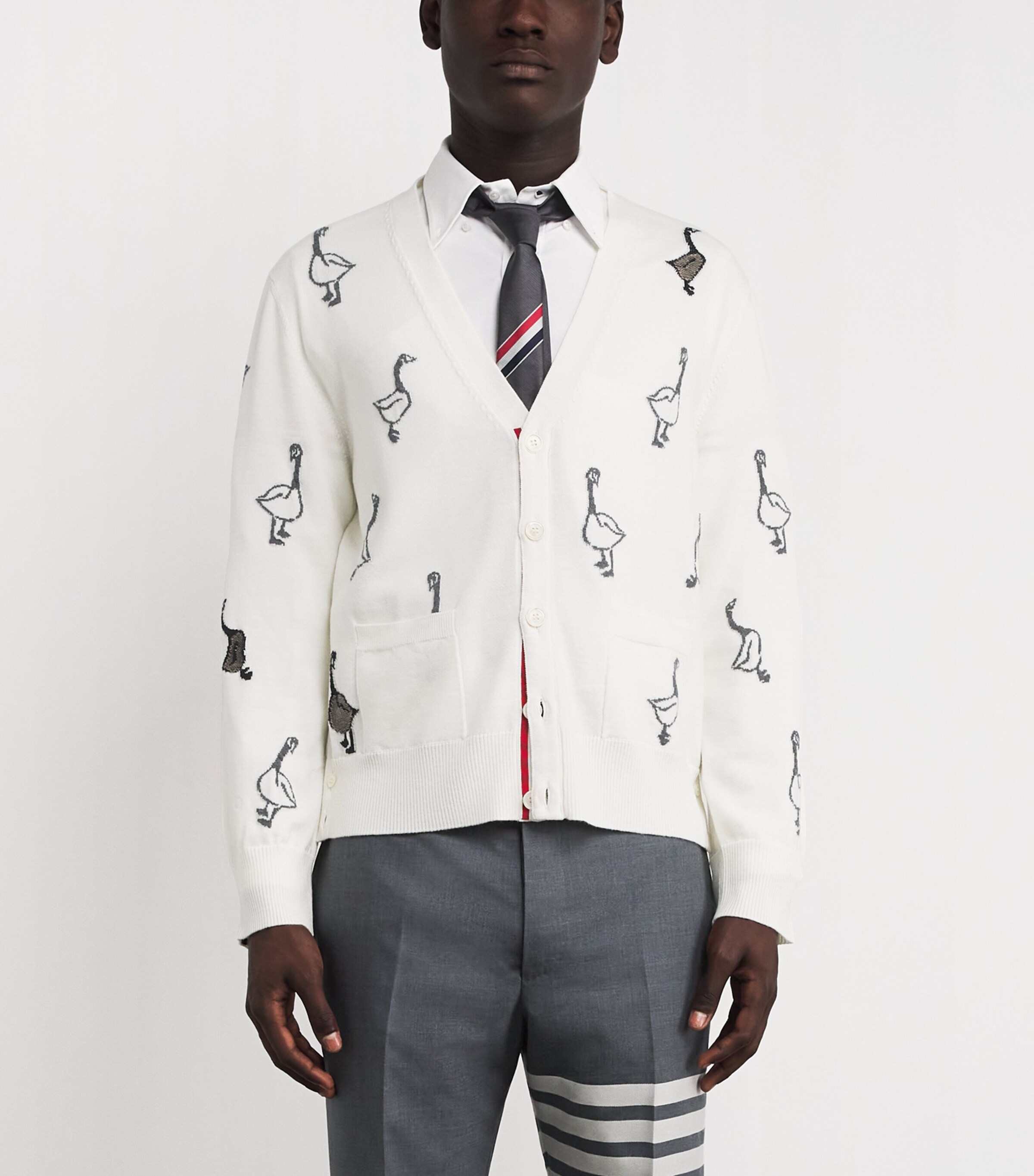 Thom Browne Mens Virgin Wool-Cotton Geese Cardigan White Image 3