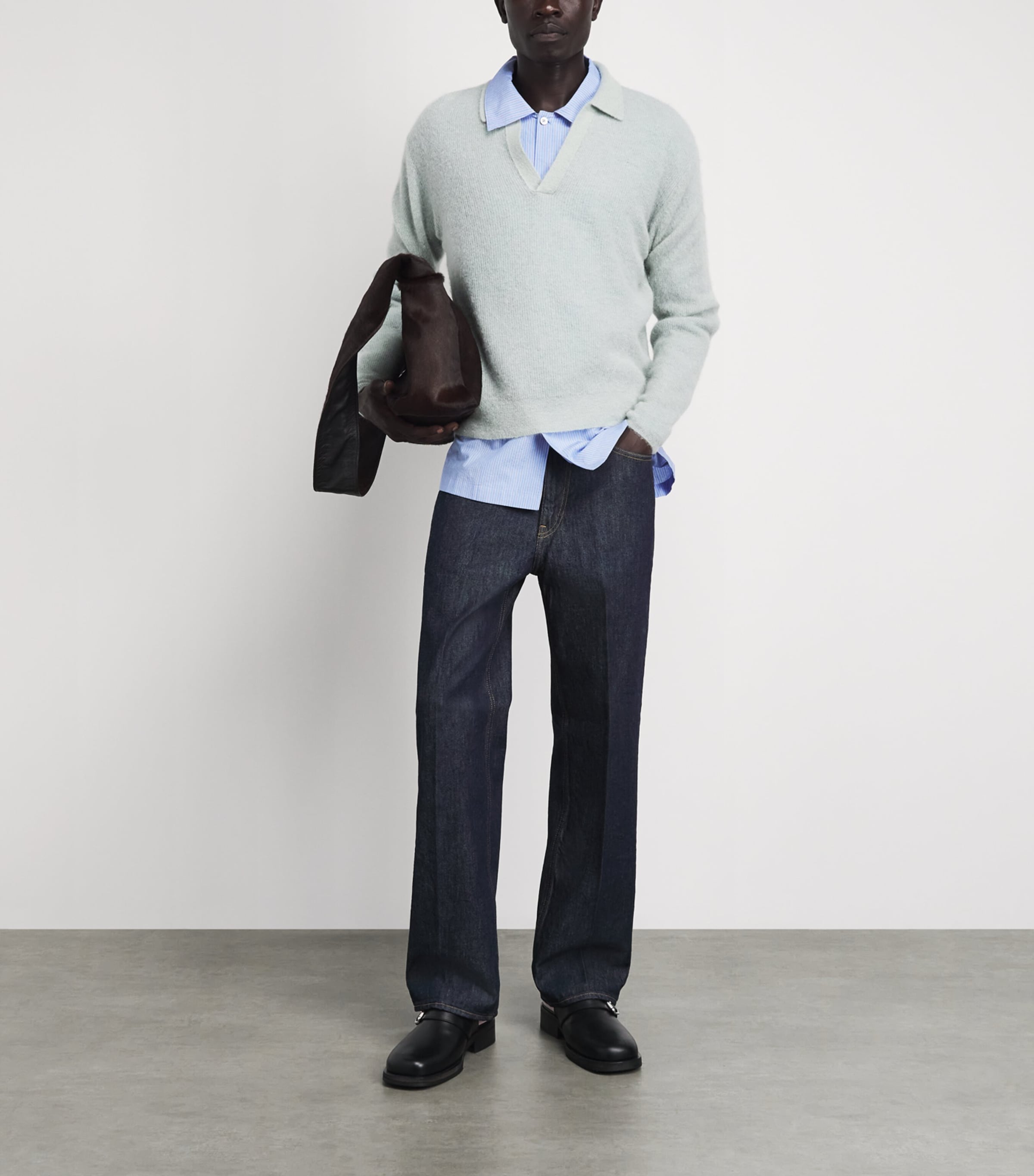 Auralee Mens Alpaca-Blend Skipper Polo Sweater Dusty Mint Image 2