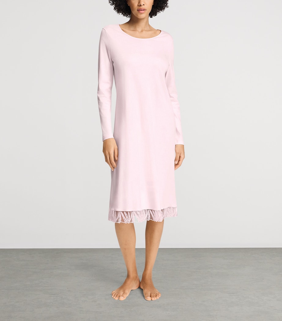 Hanro Womens Cotton Rosaria Long-Sleeve Nightdress Rose Bath Image 2