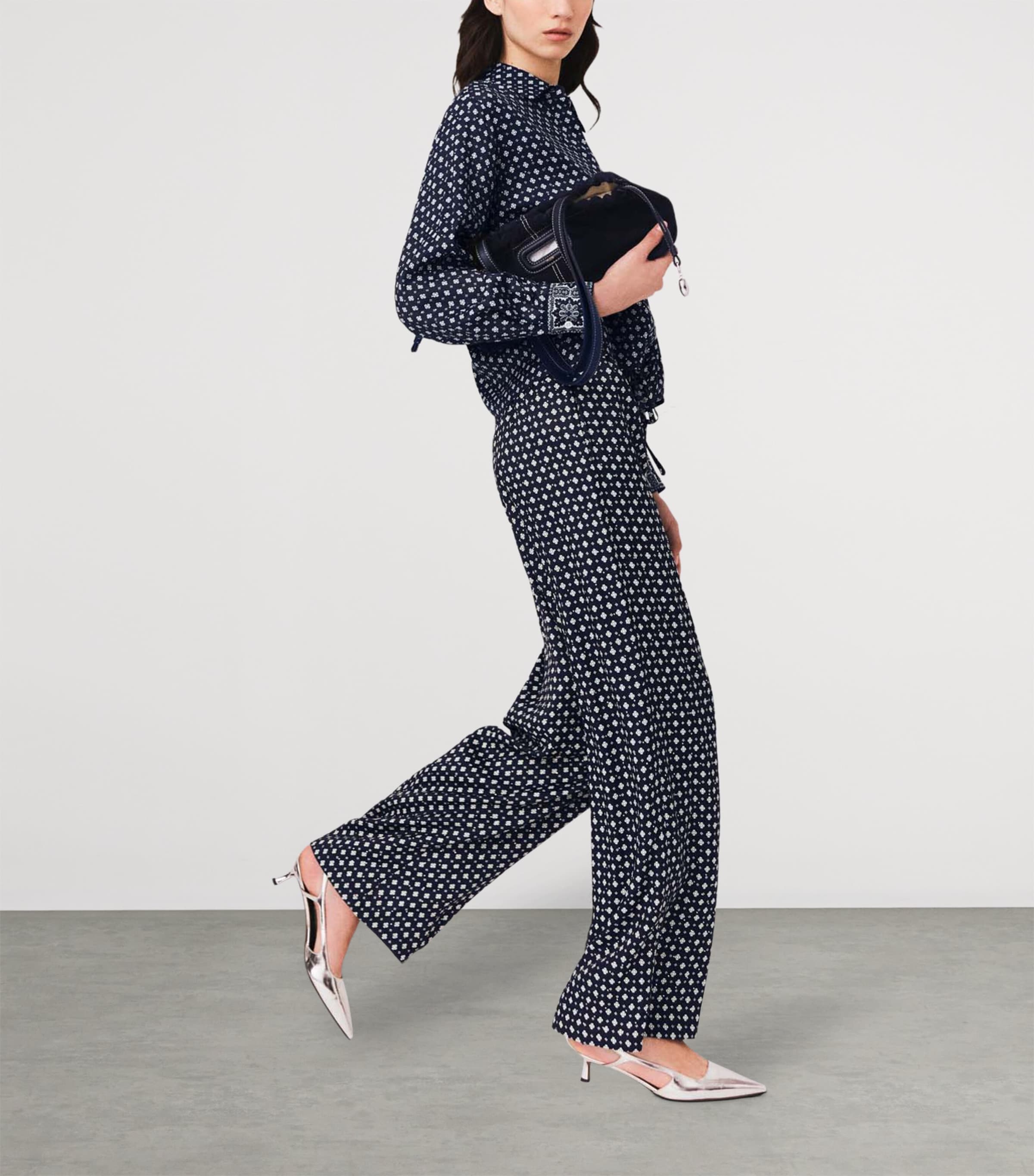 Maje Womens Rhinestone Printed Wide-Leg Trousers Navy Loungewear Image 5