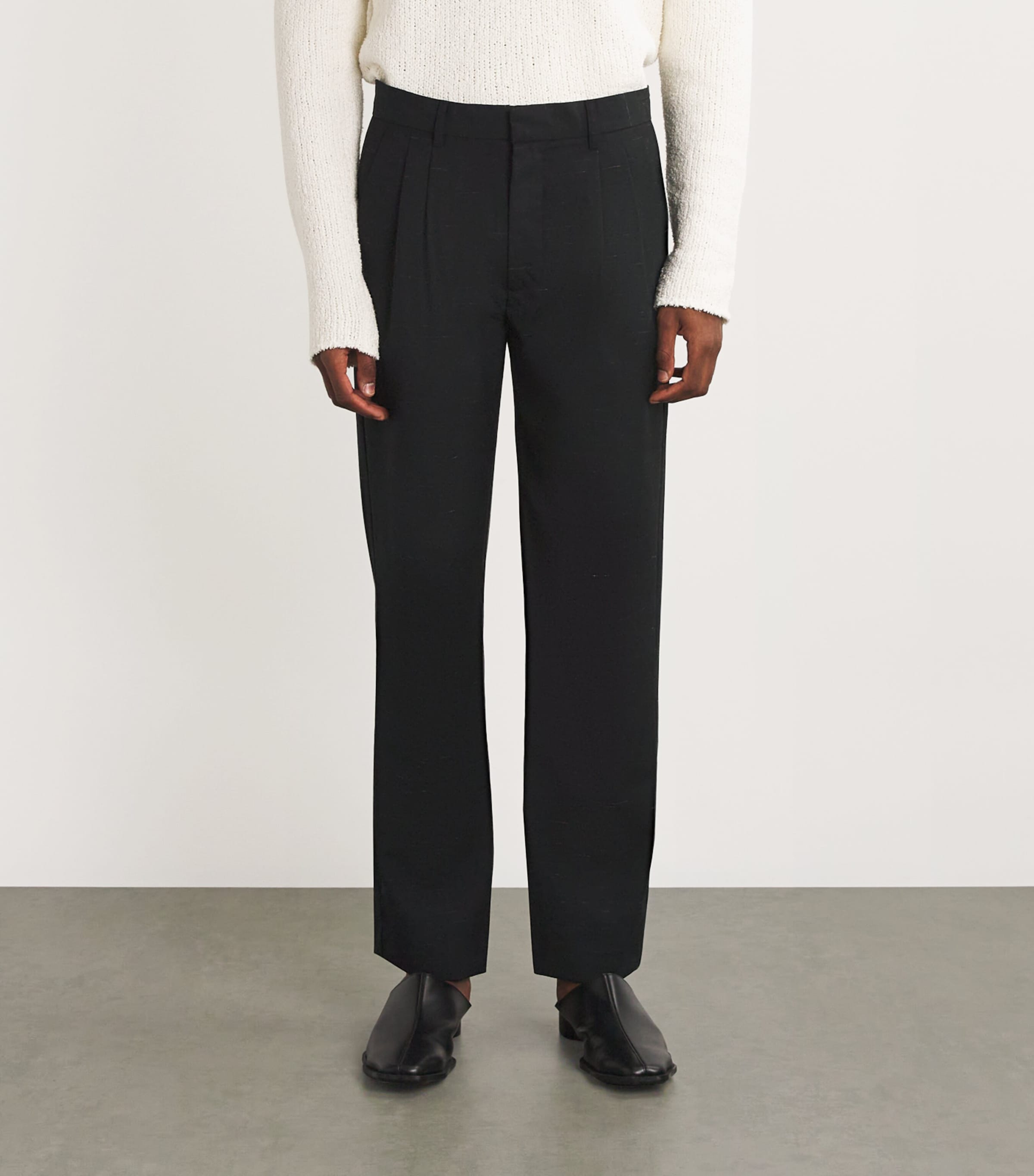 Wool-Linen Heathered Straight Trousers BLACK Image 3
