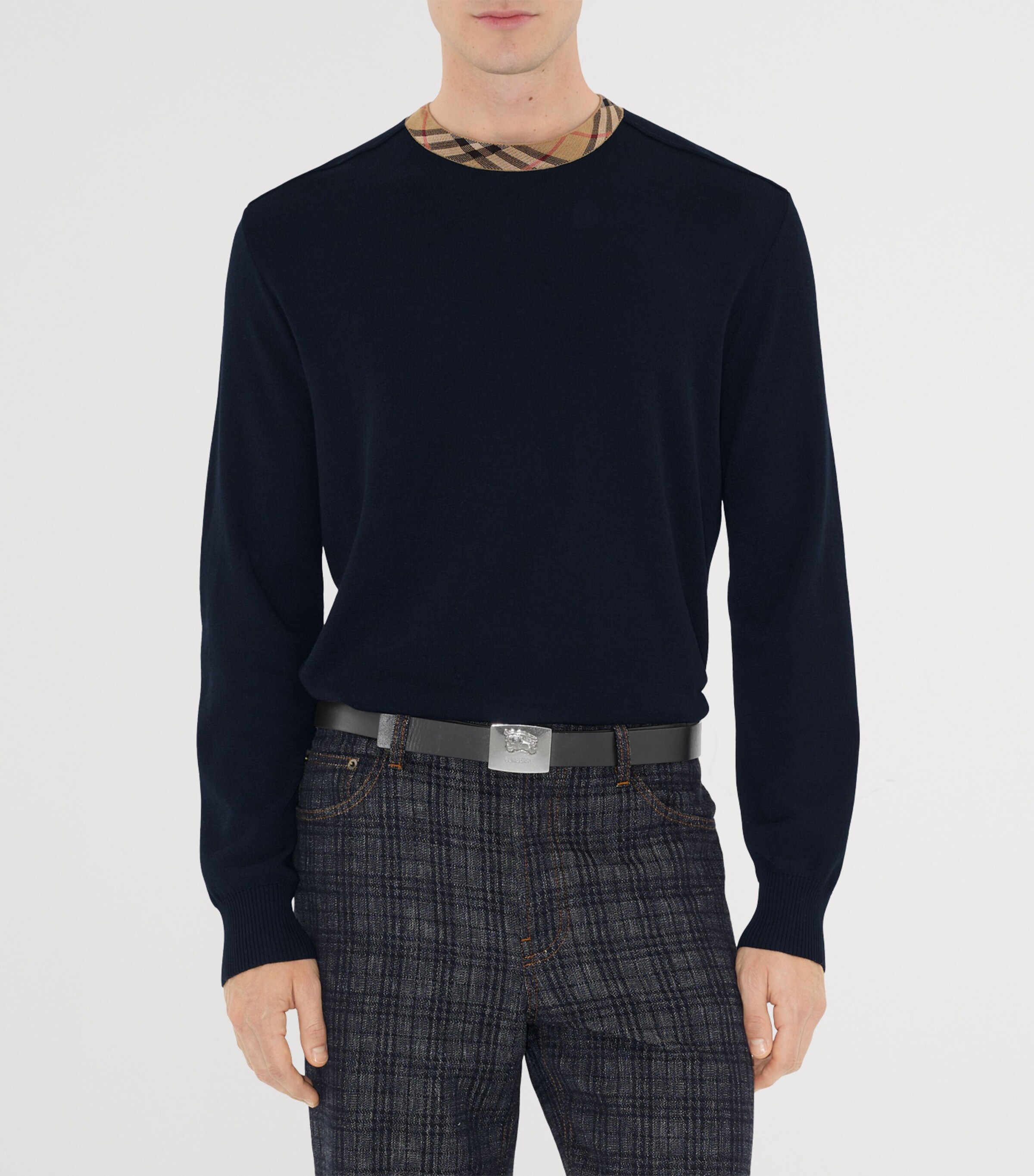 Wool Check-Trim Sweater BLACK Image 5