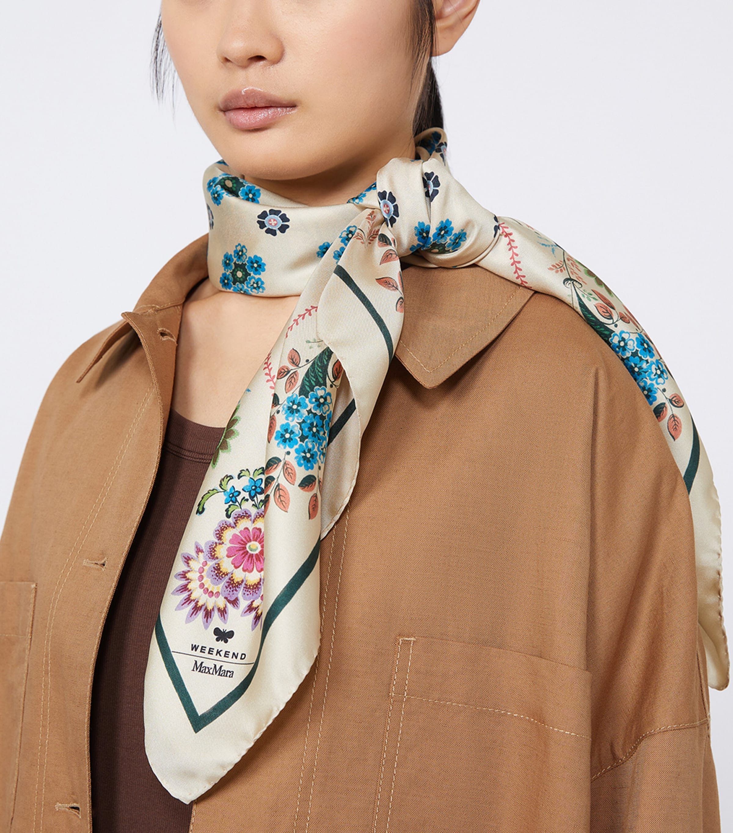 Weekend Max Mara Silk Twill Floral Scarf Beige Pink Image 2