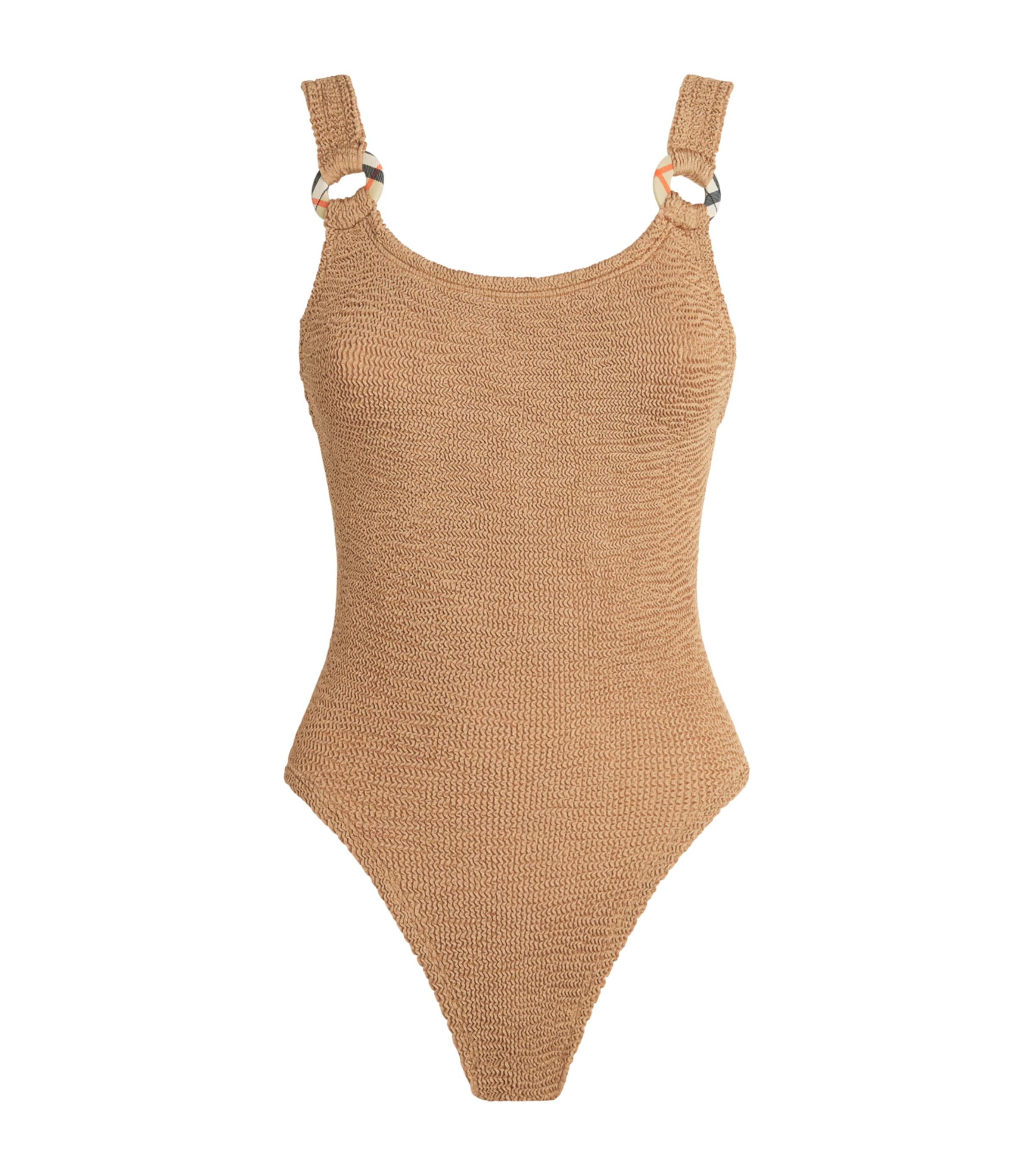 Burberry x Hunza G Womens x Burberry Check-Trim Domino Swimsuit Metallic Cocoa Image 1