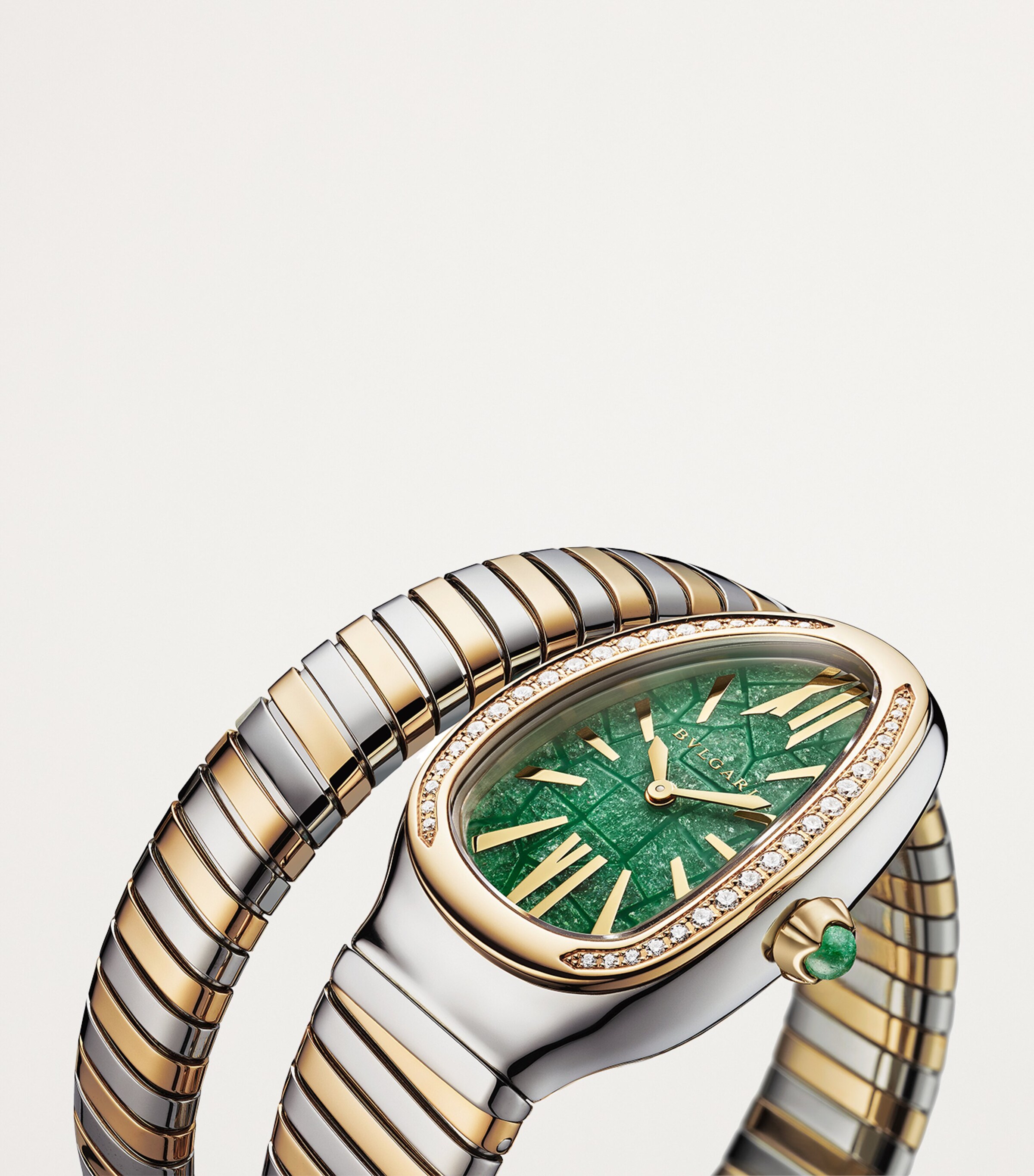Bvlgari Stainless Steel, Yellow Gold and Diamond Serpenti Tubogas Watch 35mm Green Image 5