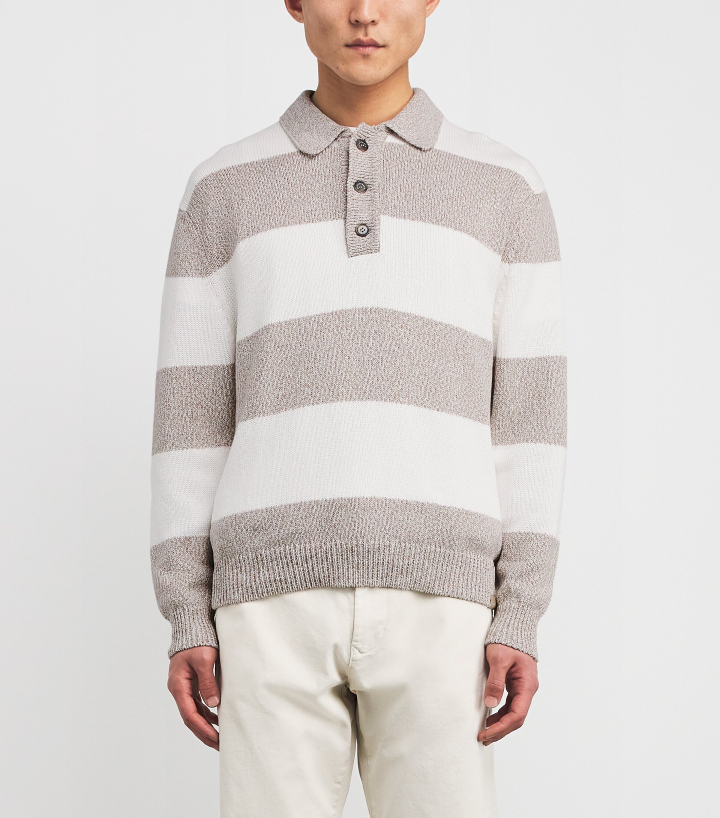 Cotton Stripe Polo Sweater 272 WHITE BEIGE Image 3