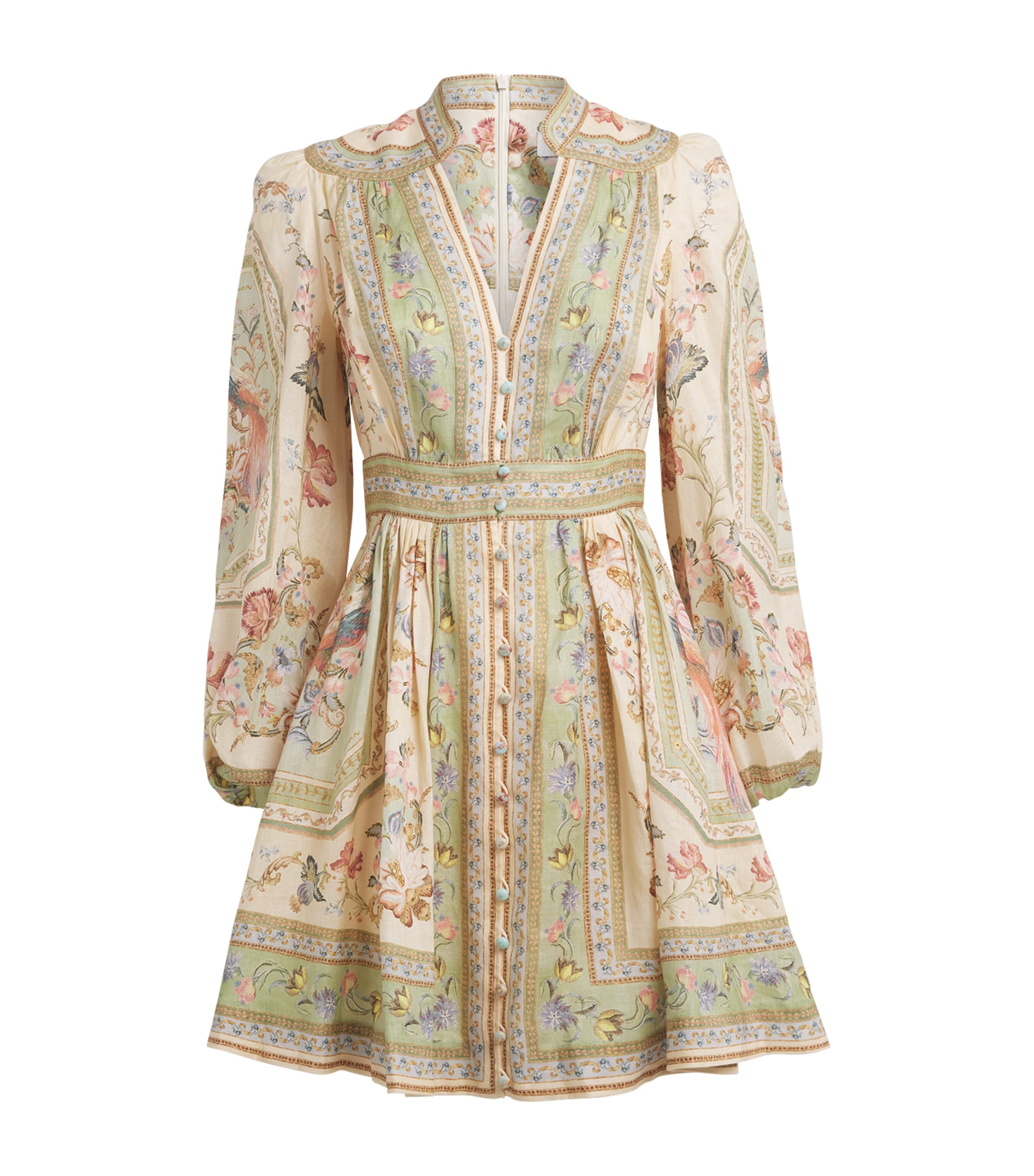 Zimmermann Womens Linen Roselight Plunge Mini Dress Satf Sge Tpstry Flrl Image 1
