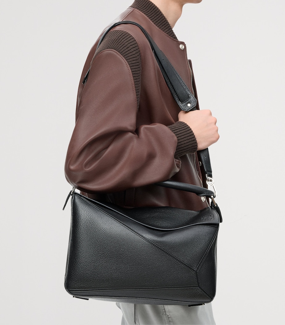 Large Leather Puzzle Edge Top-Handle Bag BLACK Image 9