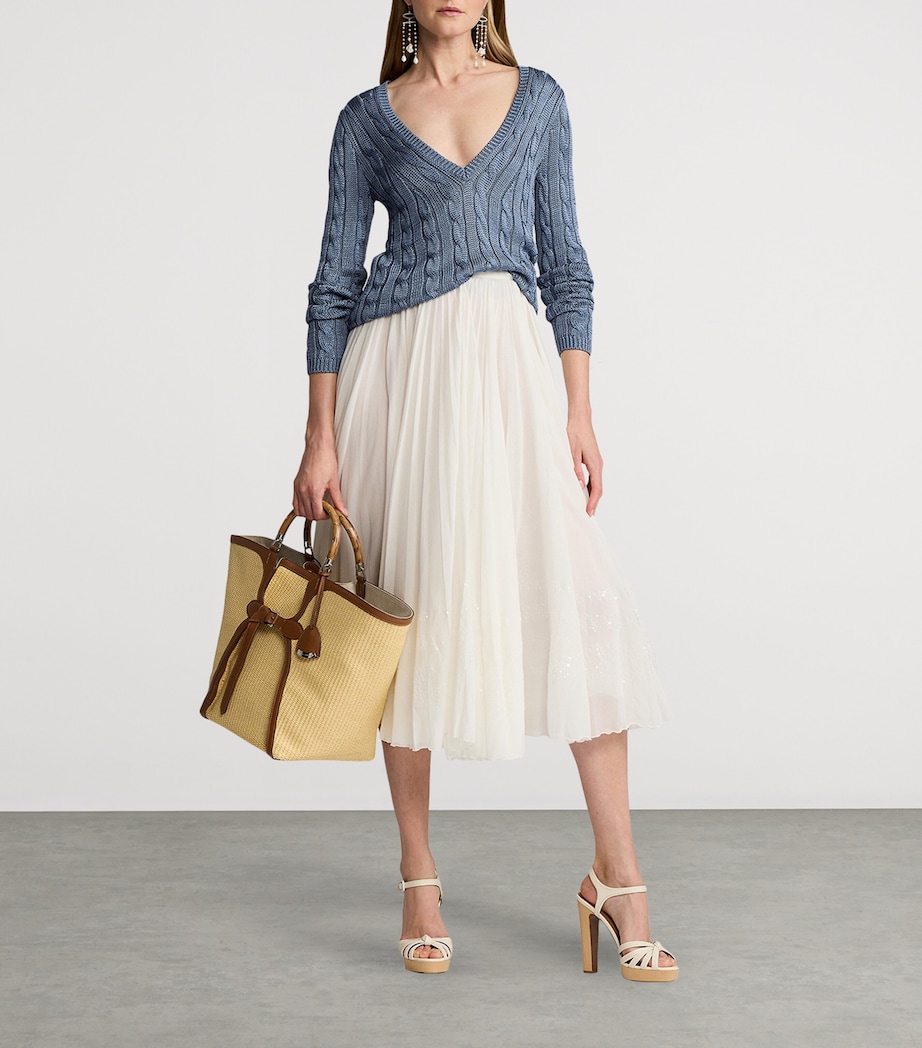 Silk Cable-Knit V-Neck Sweater CORNFLOWER Image 8