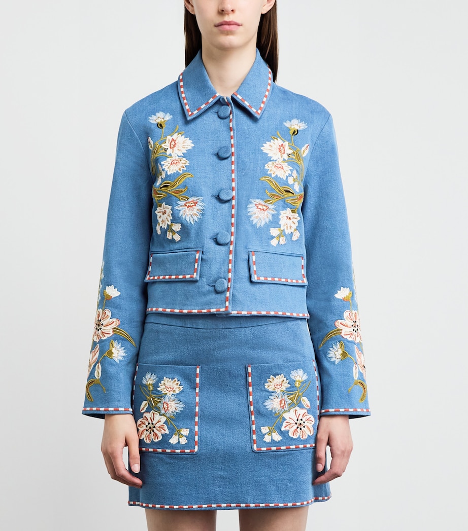 Veronica Beard Womens Embroidered Tailored Denim Jacket Sea Glare Image 4