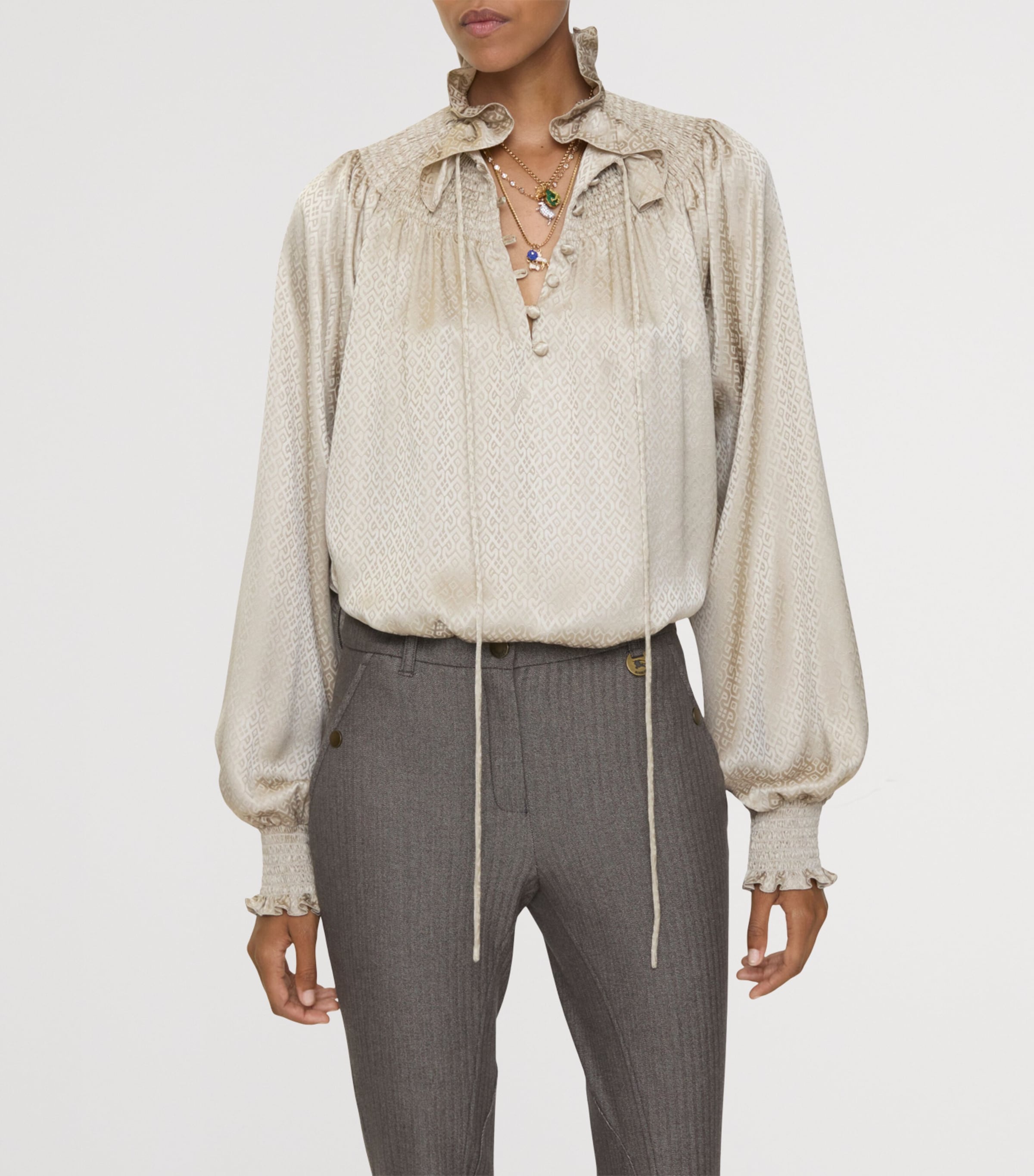 Silk Geometric Jacquard Blouse TAUPE BEIGE IP PAT Image 2