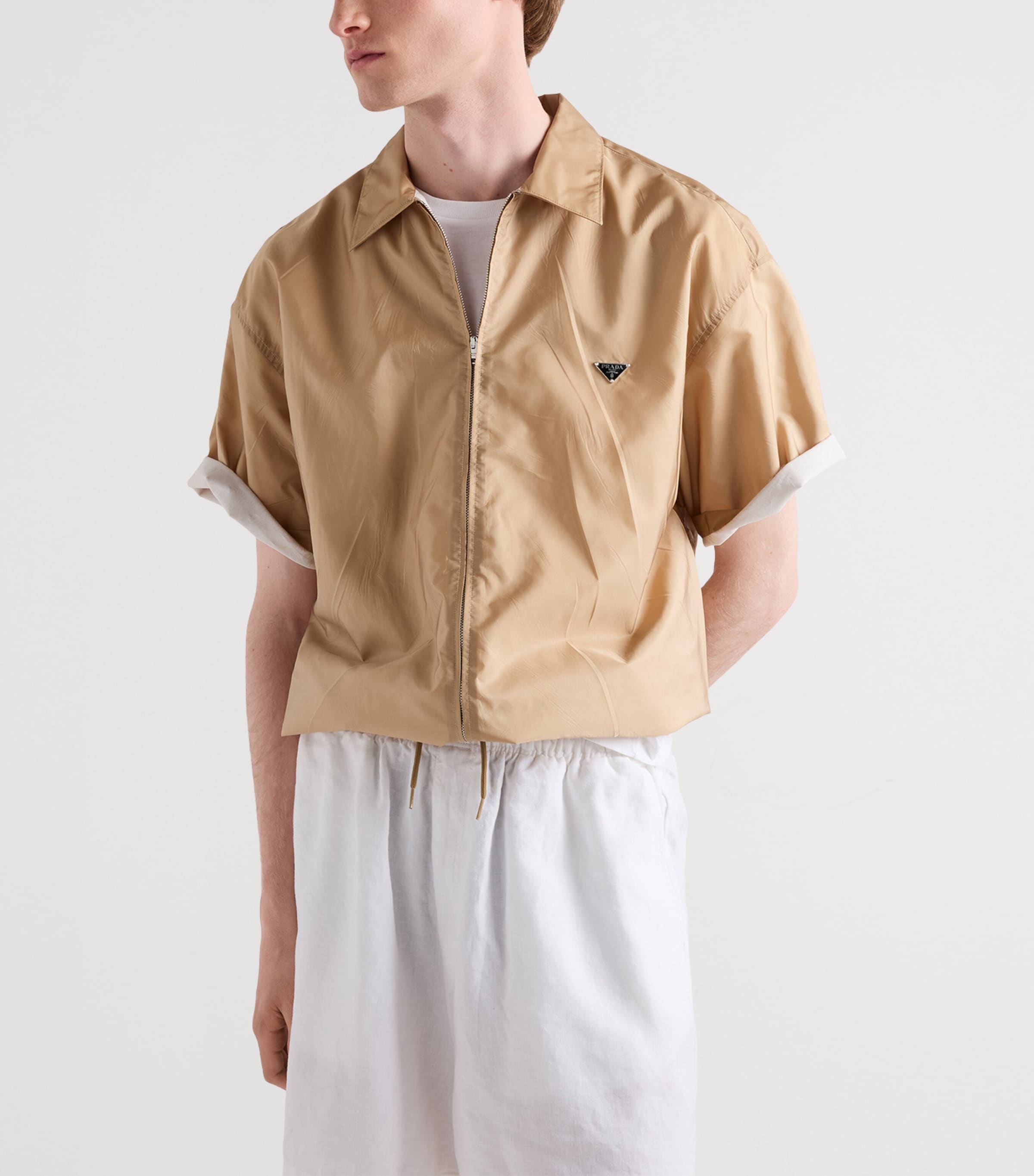 Prada Mens Re-Nylon Zip-up Short-Sleeve Shirt Brown Image 3