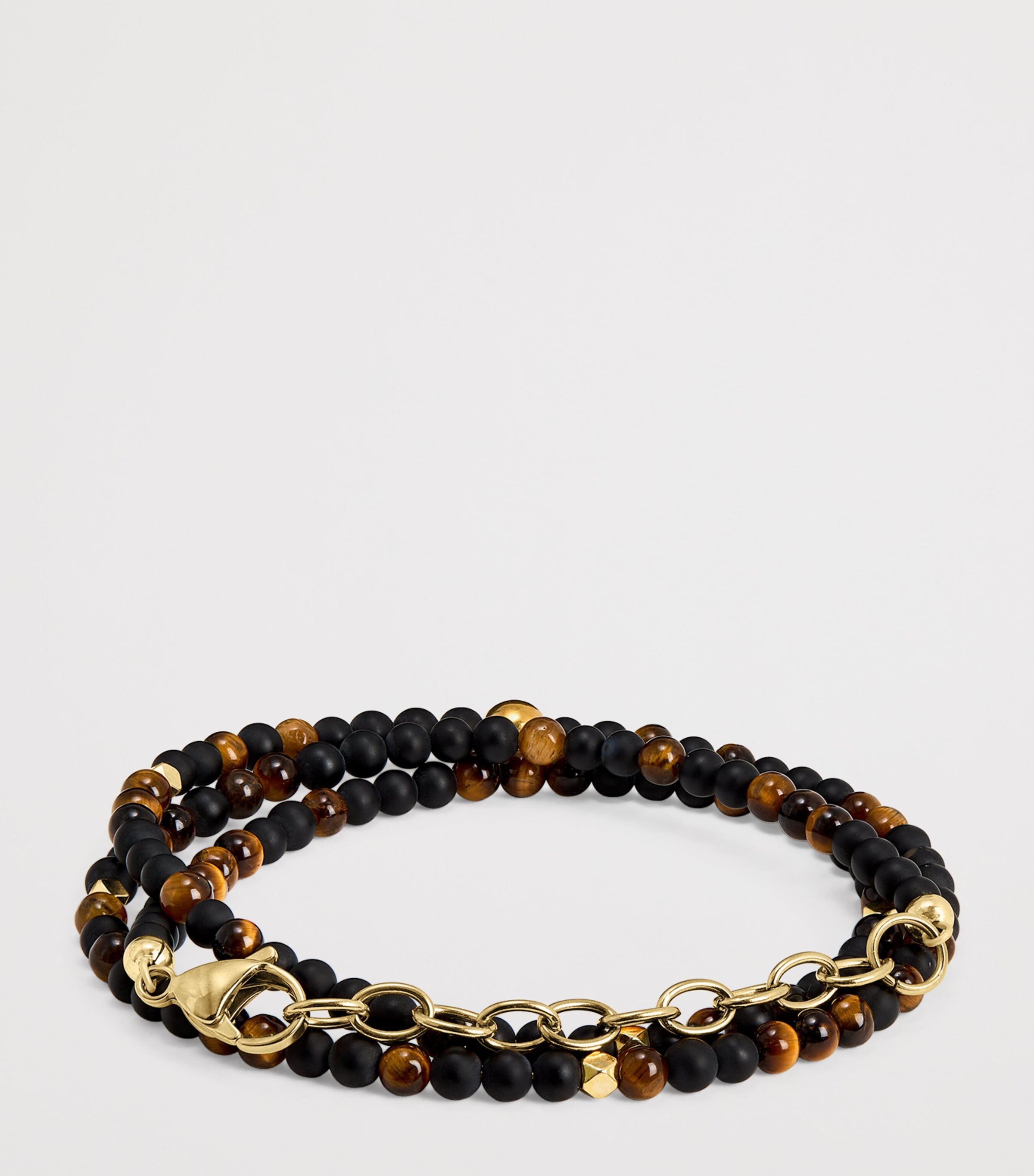 Gold-Plated Stainless Steel, Brown Tiger Eye and Matte Onyx Beaded Bracelet MULTI Image 3