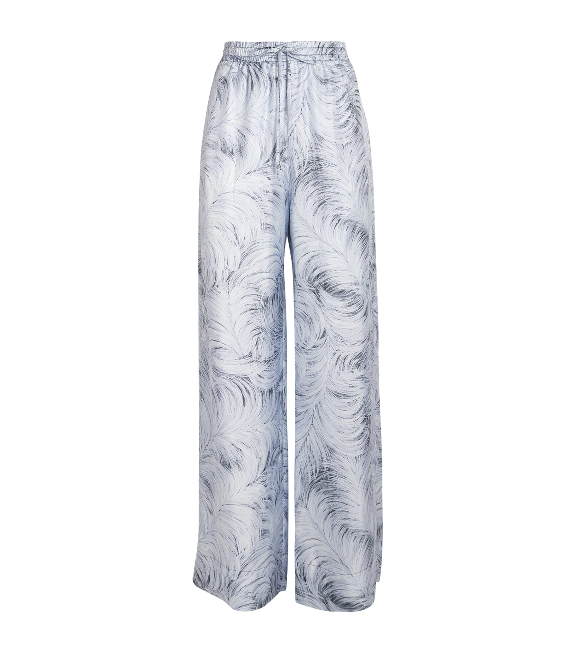 Shop Stella Mccartney Silk Feather Print Trousers In Blue