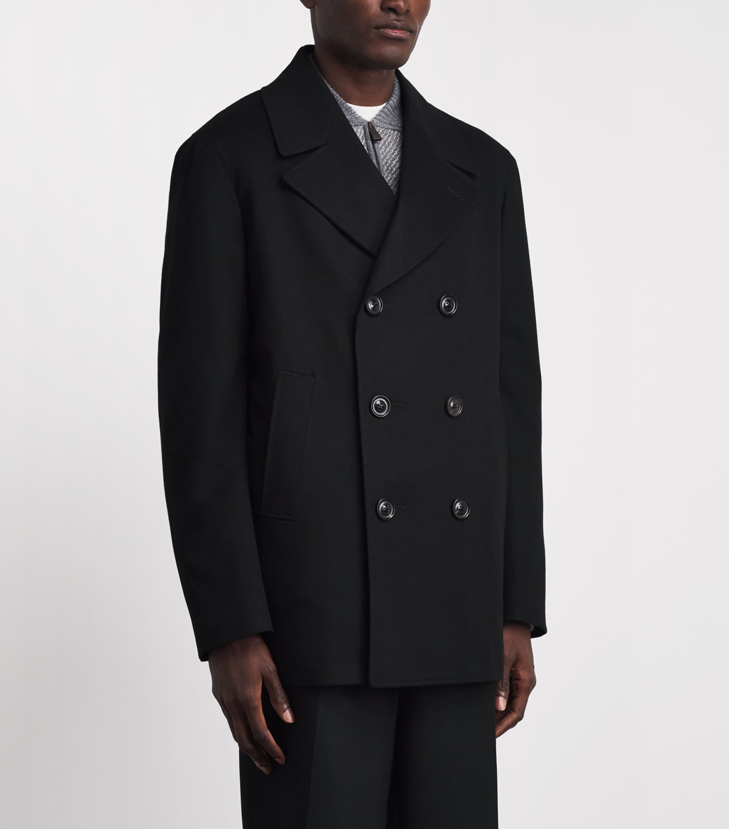 Canali Mens Wool-Cashmere Pea Coat Black Image 4