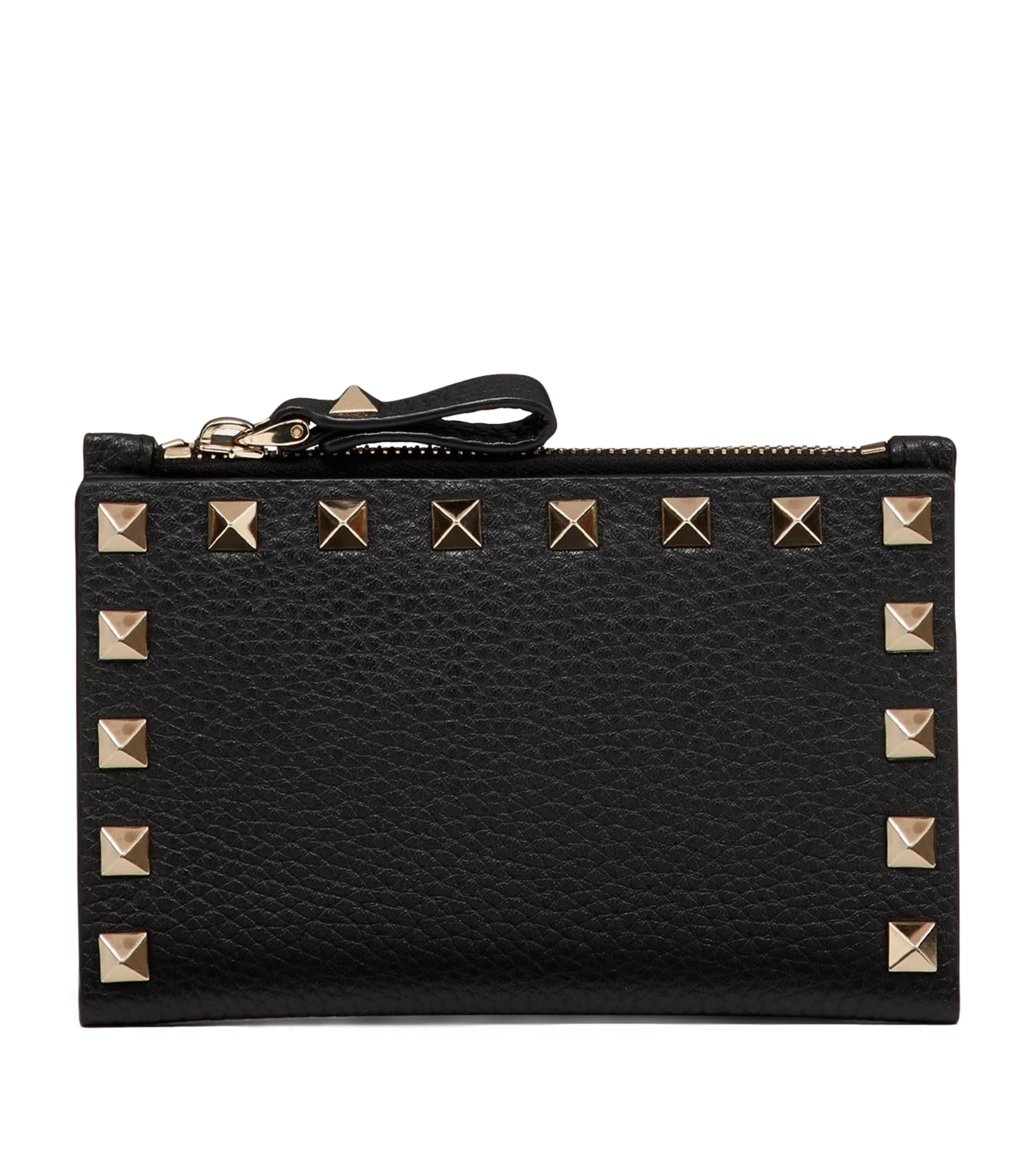 Valentino Leather Rockstud Coin And Card Holder In Black