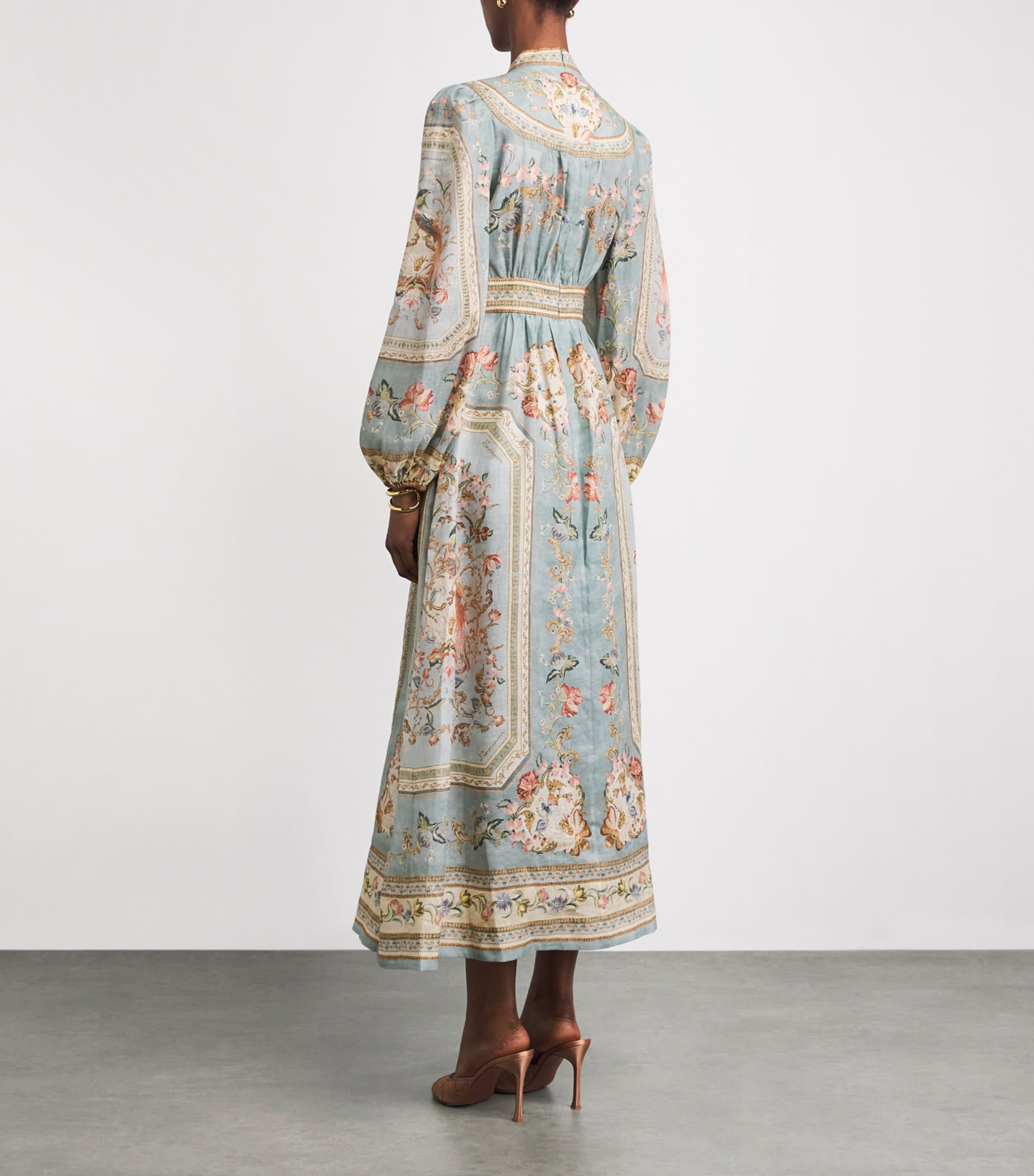 midi fall dress FARM Rio Green Anthurium Leaves Cut-Out Euroflax Premium Linen Midi Dress, Anturium Leaves Green / XL main image 1