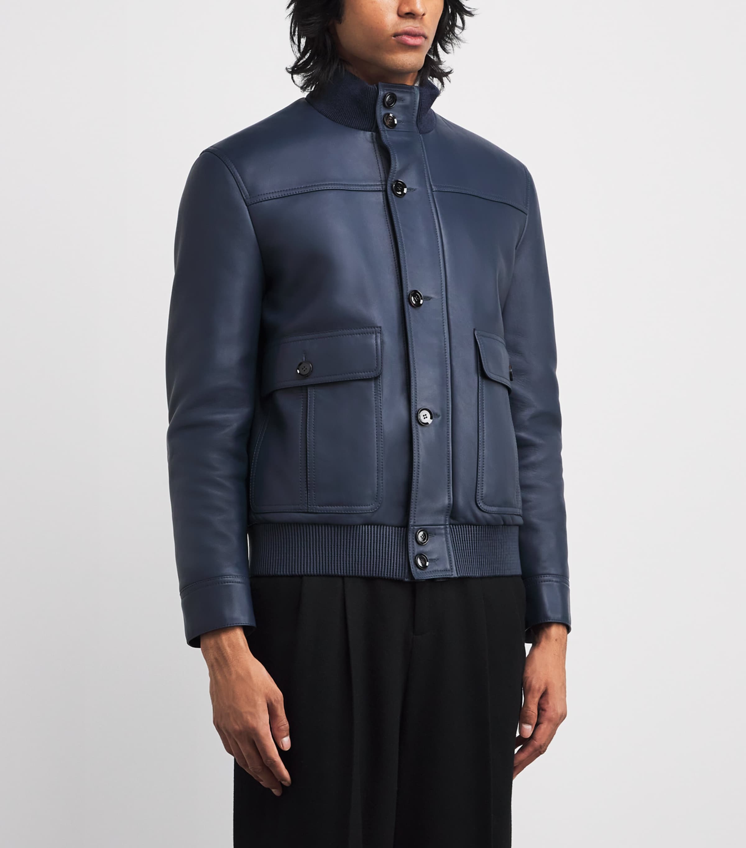 Brioni Blue Leather 75 Bomber Jacket | Harrods UK