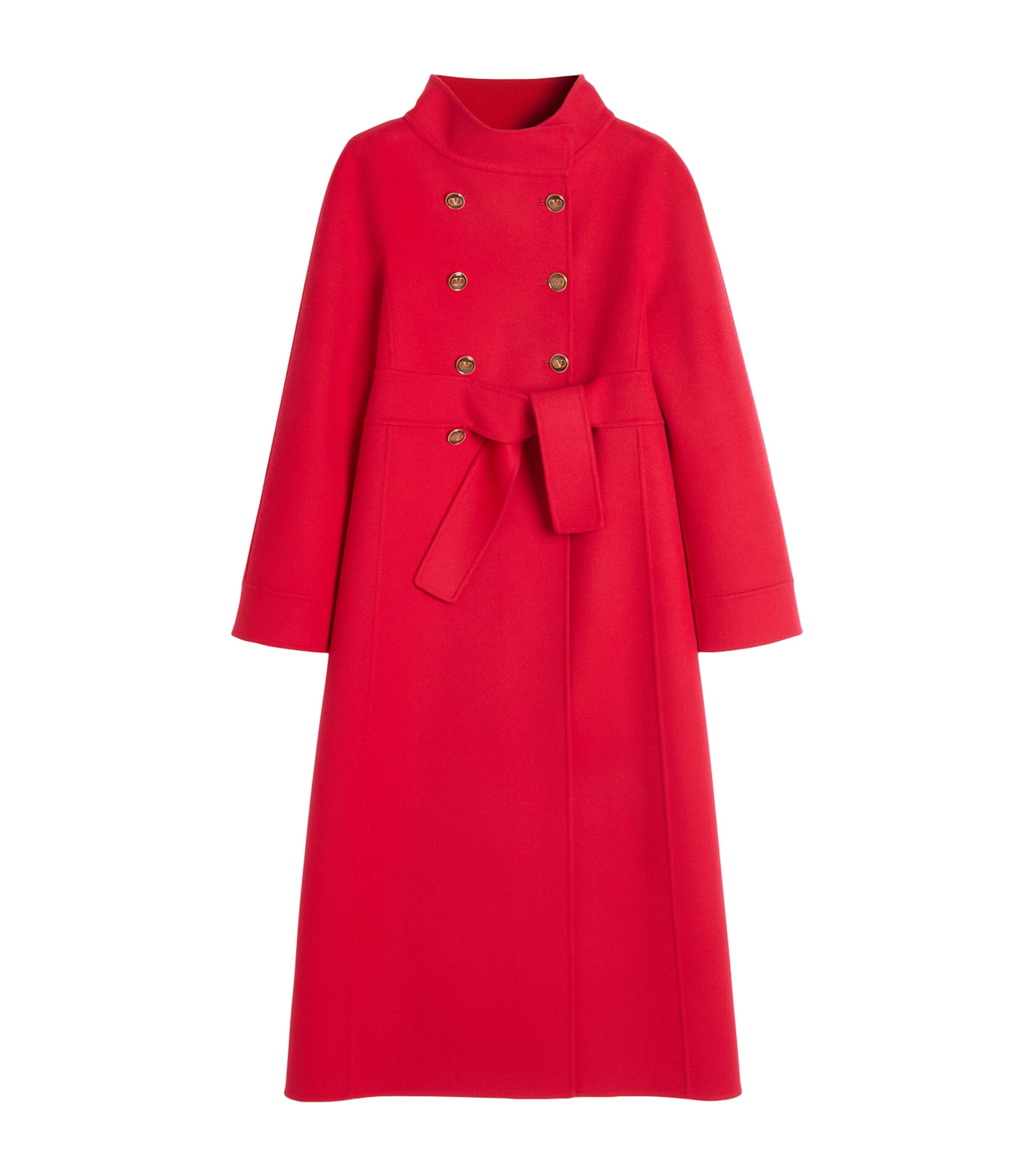 Valentino High-neck Double-breast Belted Wool Cashmere Coat In Red