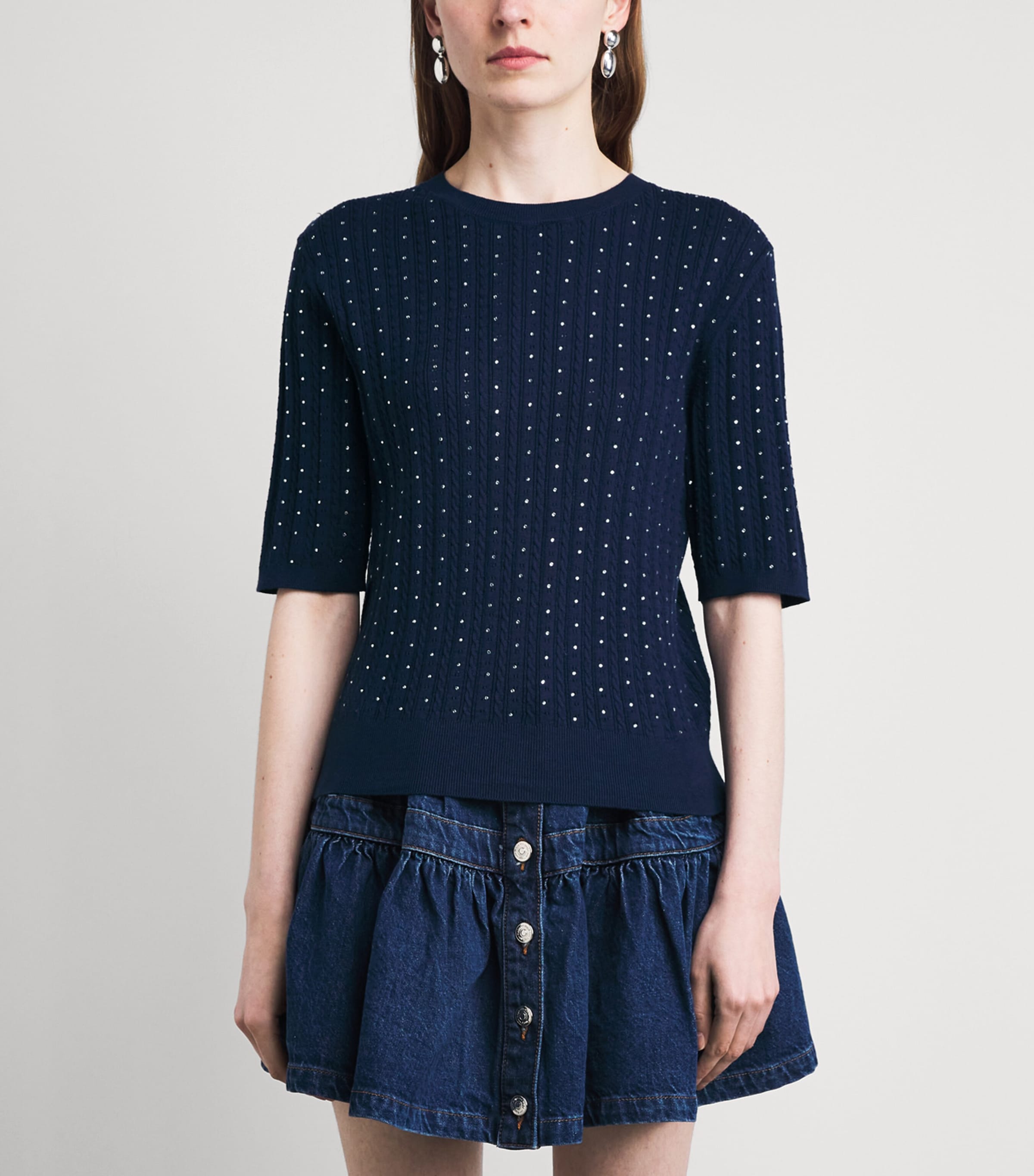 Maje Womens Cotton-Blend Rhinestone Sweater Navy Image 4