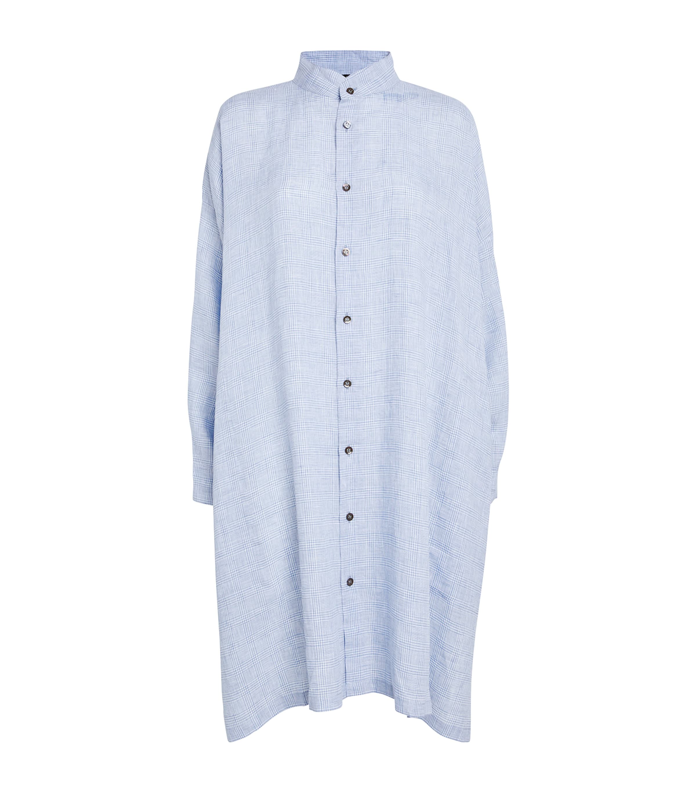 ESKANDAR LINEN CHECK LONGLINE SHIRT 