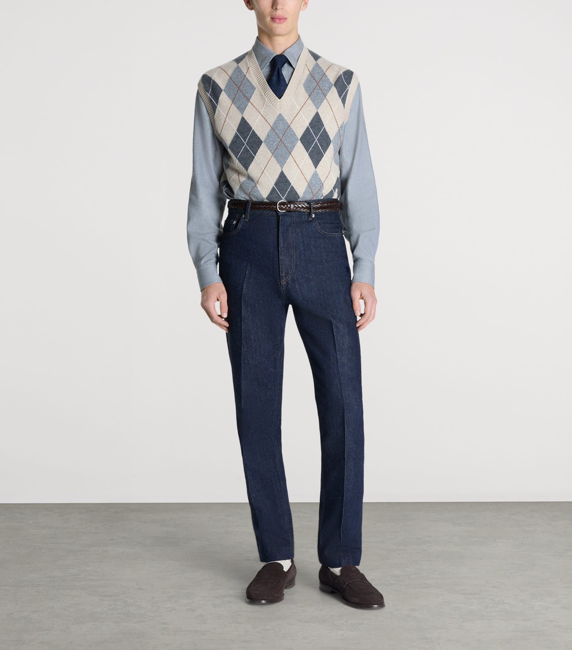 Dunhill Mens Cashmere Argyle Sweater Vest Natural Image 2