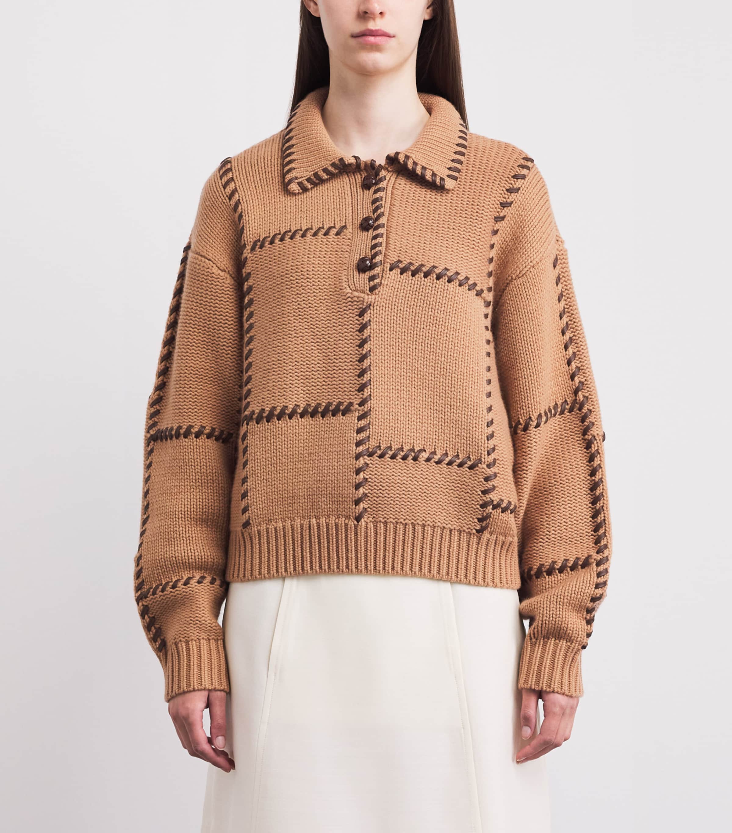 FRAME Womens Wool-Cashmere Leather-Stitch Sweater Caml Camel Image 4