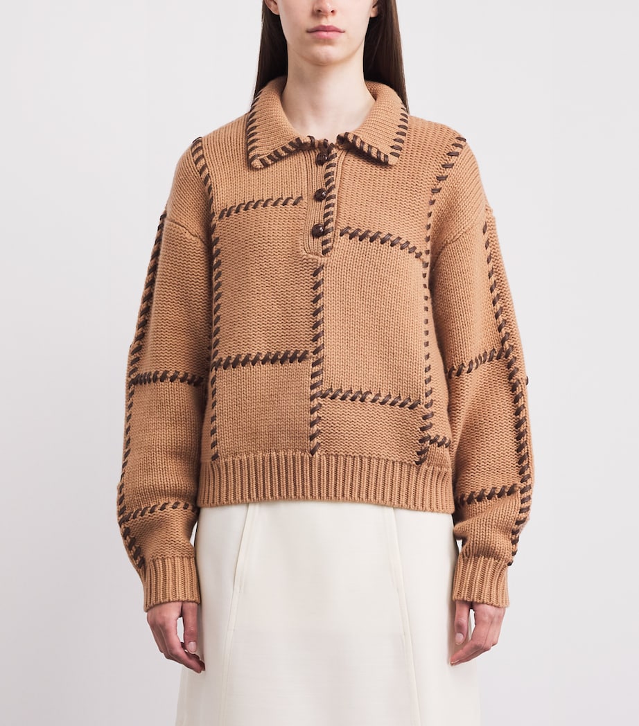 FRAME Womens Wool-Cashmere Leather-Stitch Sweater Caml Camel Image 4