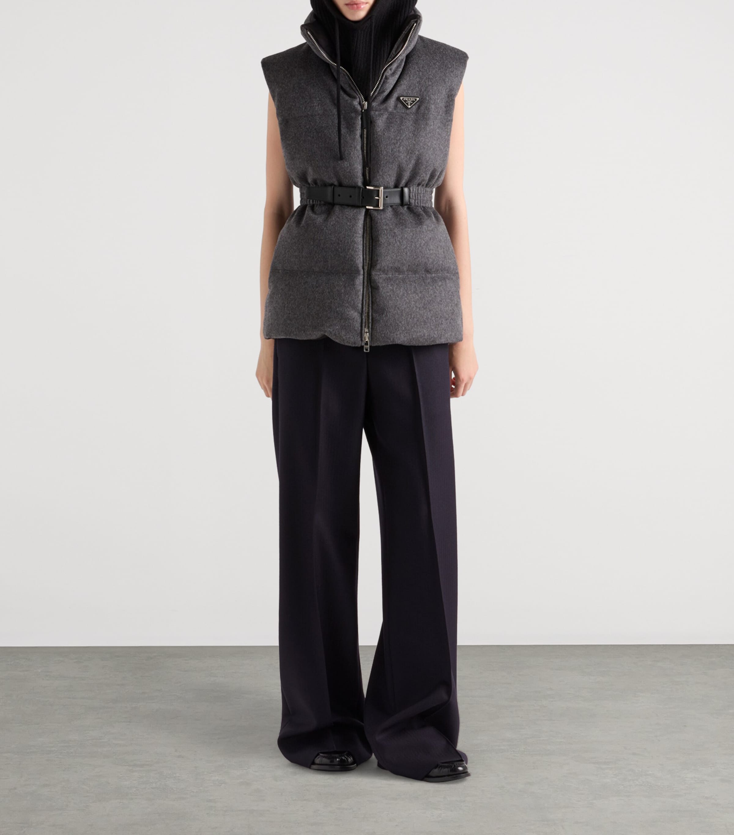 Prada Grey Wool Belted Down Gilet | Harrods UK