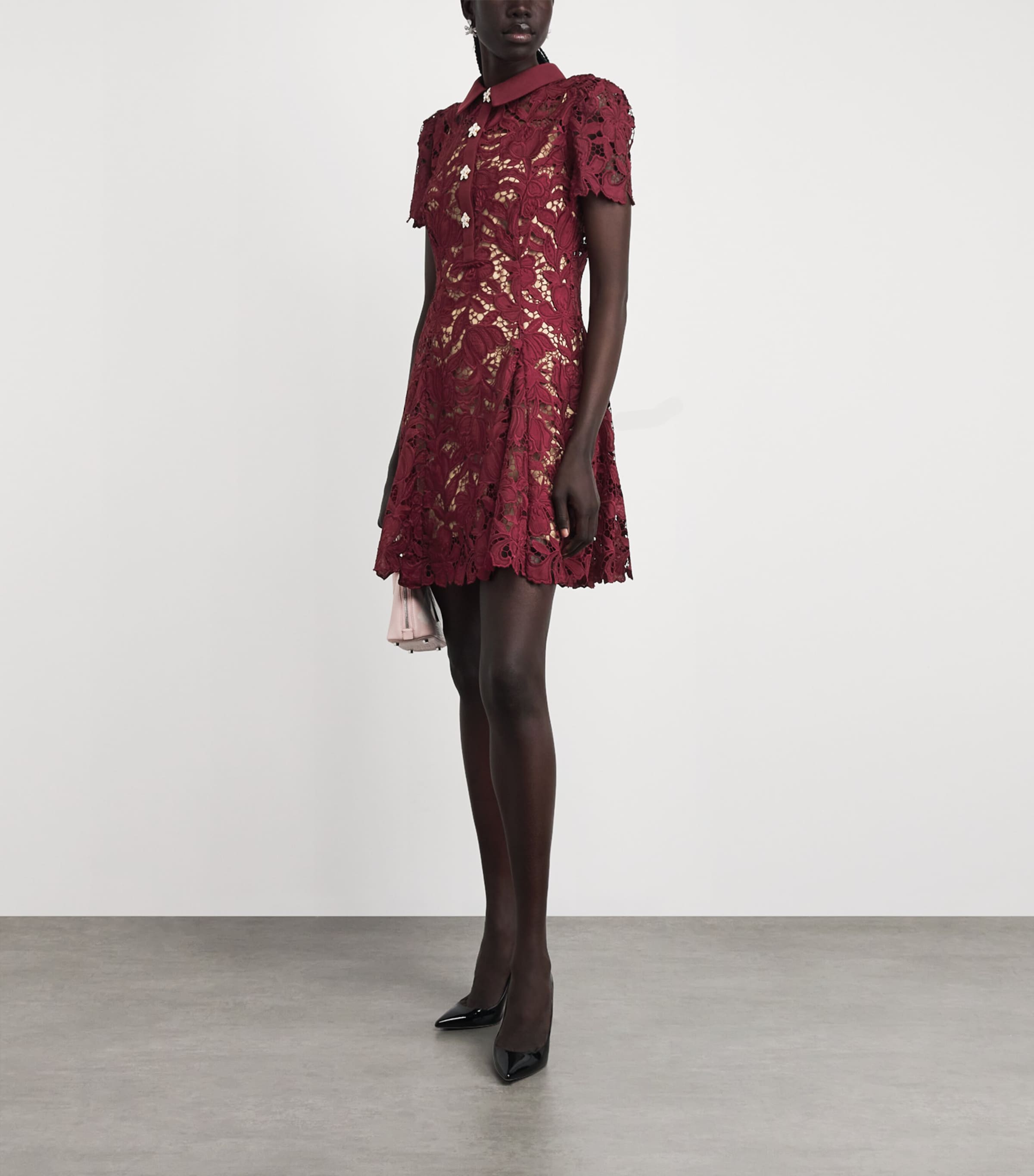 Self-Portrait Womens Lace Floral Mini Dress Burgundy Image 2