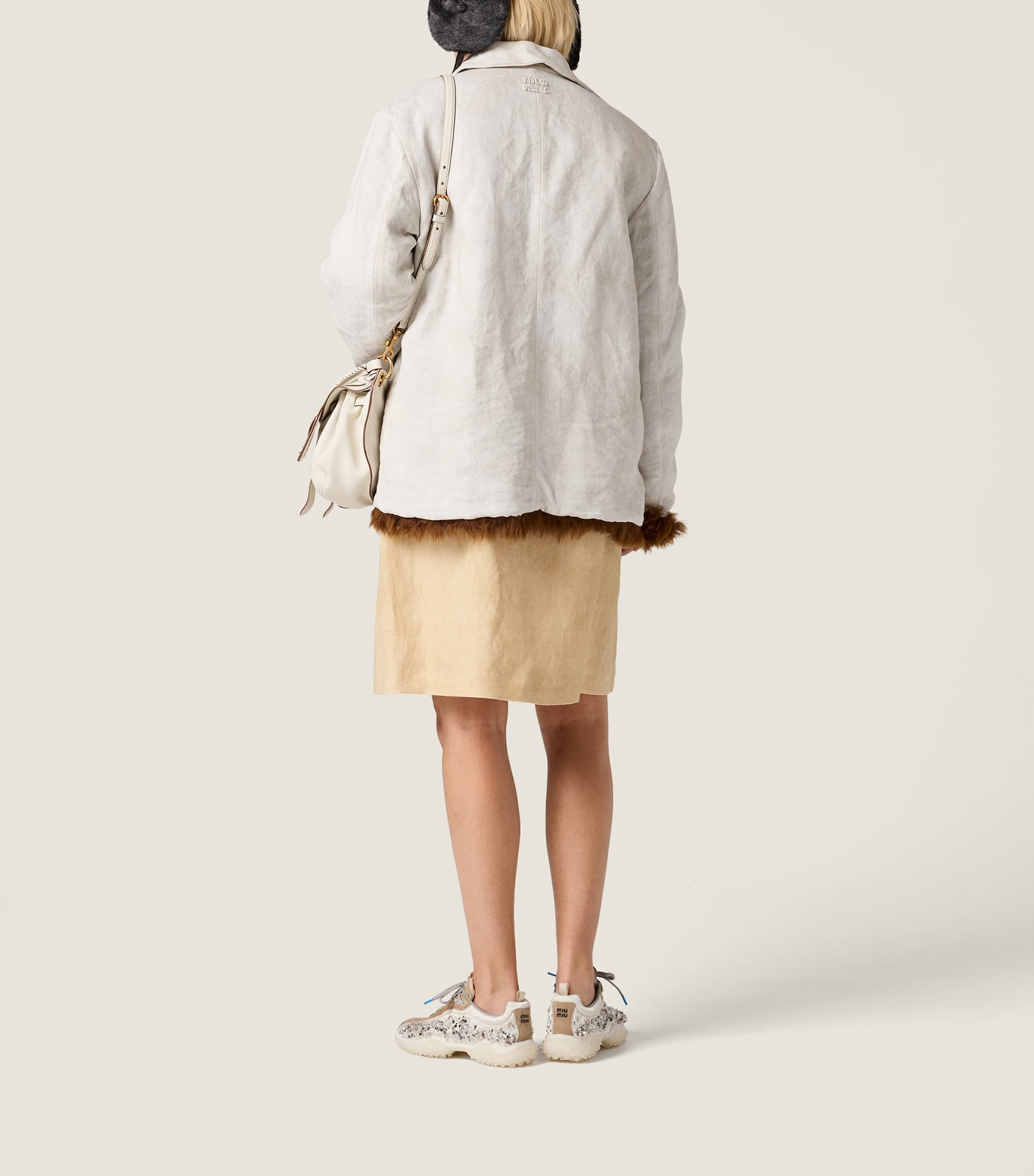 Miu Miu Womens Linen Frayed-Logo Mini Skirt Neutral Image 3